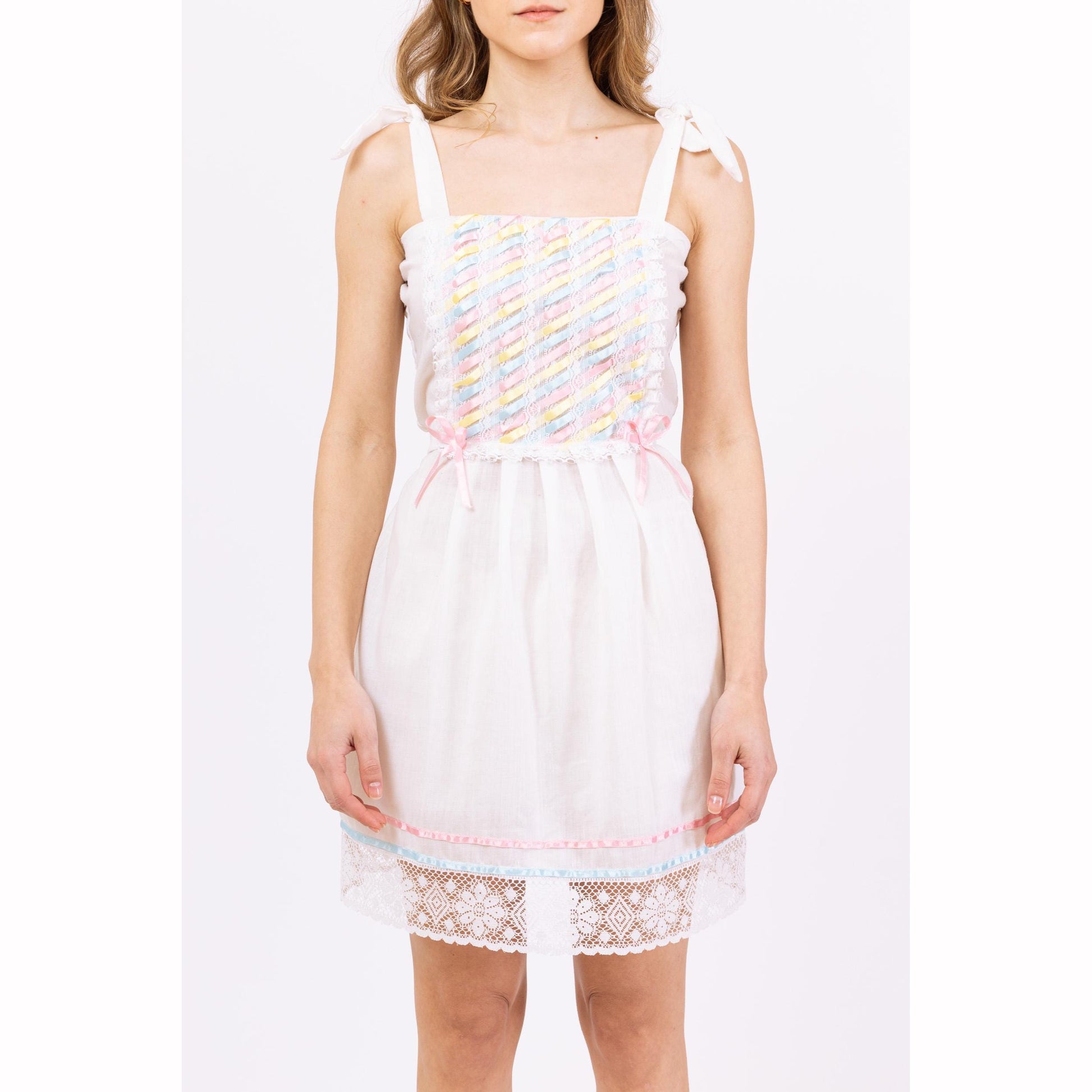 Vintage 70s White Pastel Ribbon Mini Sundress - XS to Small | Lace Trim, Cottagecore Prairie Dress, Soft Boho Dress