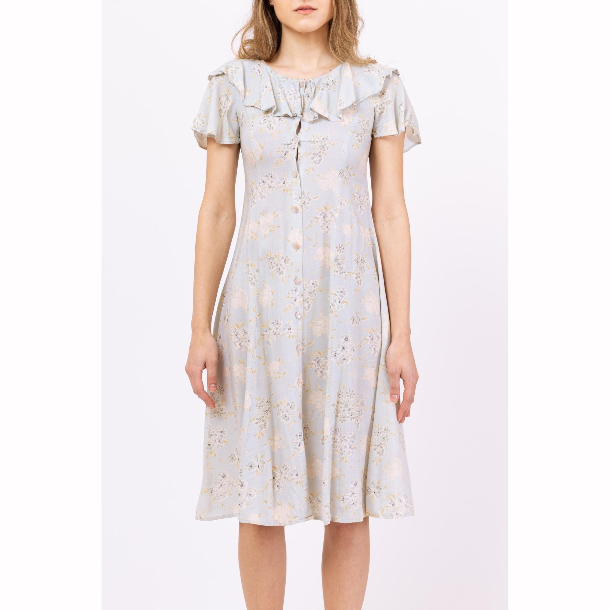 Vintage 90s Soft Pale Blue Floral Grunge Midi Dress - Petite XXS | Boho Sundress, Tie Back Button Up Flutter Sleeve Cottagecore Dress