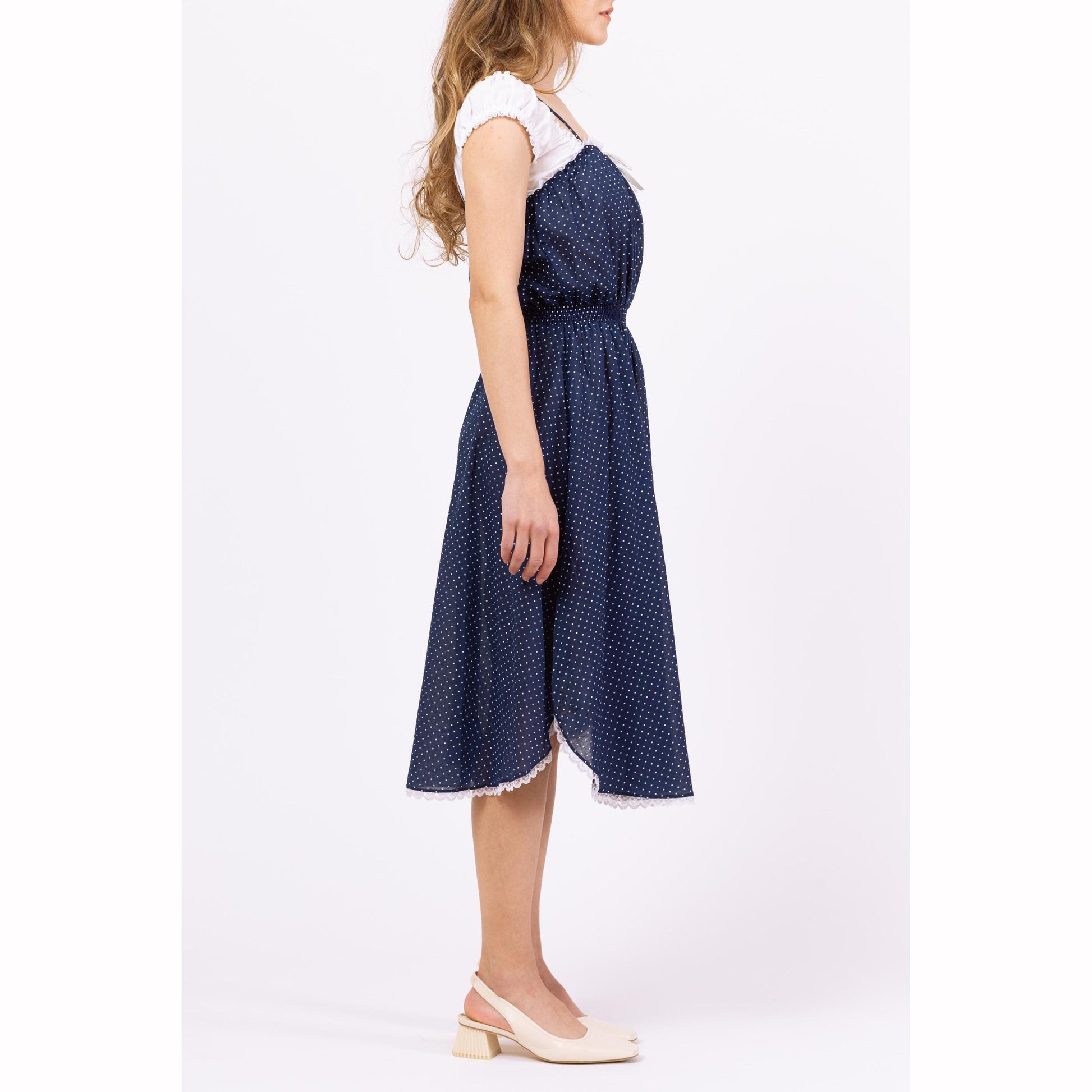 Vintage 70s Navy Blue Polka Dot Midi Sundress - Extra Small | Sleeveless Cottagecore Prairie Dress, Lace Trim Fit & Flare Retro Dress