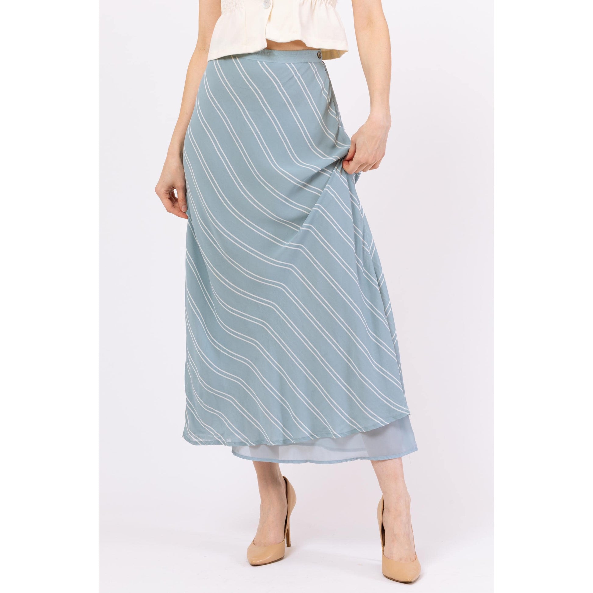 Vintage Y2K Ralph Lauren Eggshell Blue Striped Maxi Skirt - Medium, 28" Waist | Boho Soft Girl Flowy Bias Cut Long Skirt