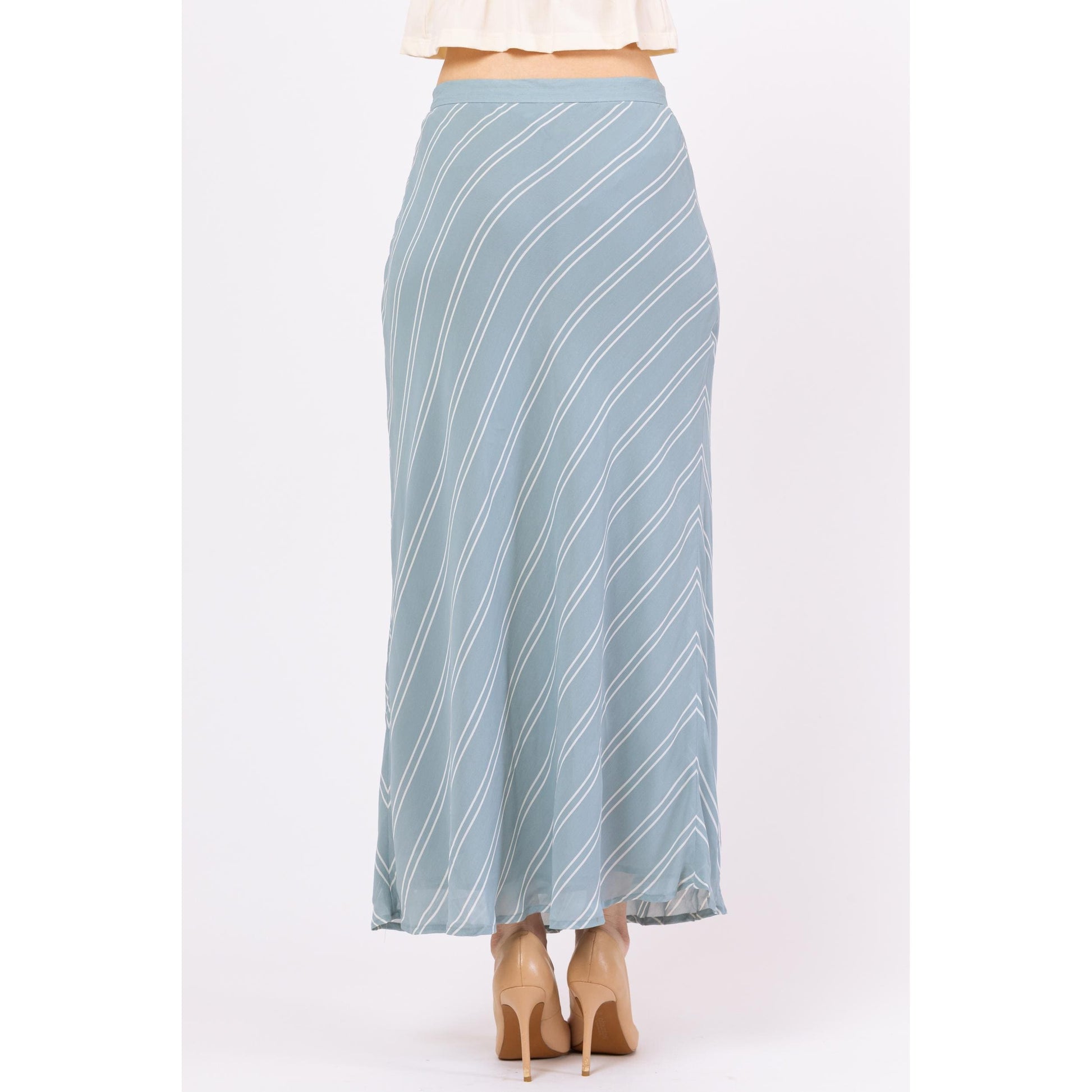 Vintage Y2K Ralph Lauren Eggshell Blue Striped Maxi Skirt - Medium, 28" Waist | Boho Soft Girl Flowy Bias Cut Long Skirt