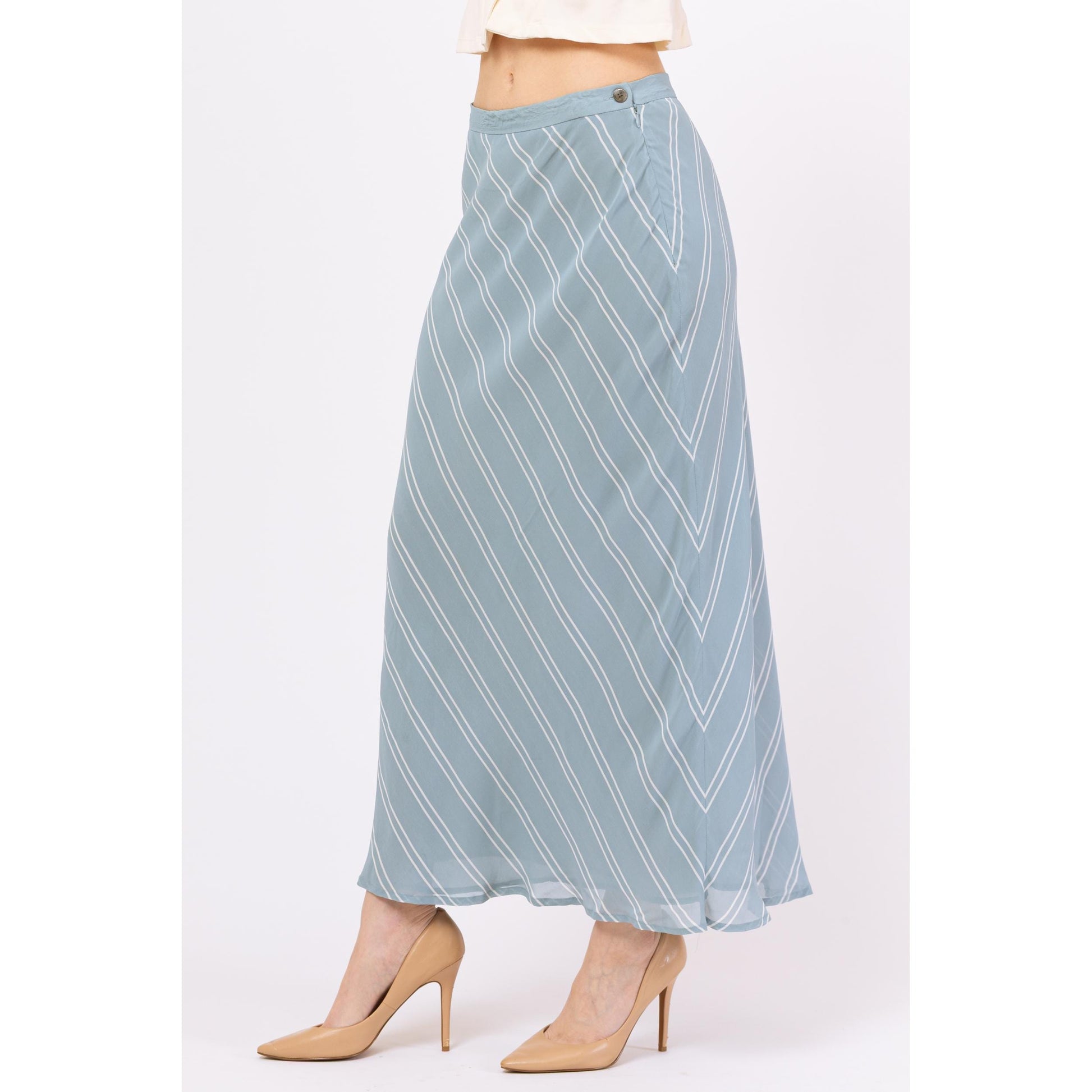 Vintage Y2K Ralph Lauren Eggshell Blue Striped Maxi Skirt - Medium, 28" Waist | Boho Soft Girl Flowy Bias Cut Long Skirt