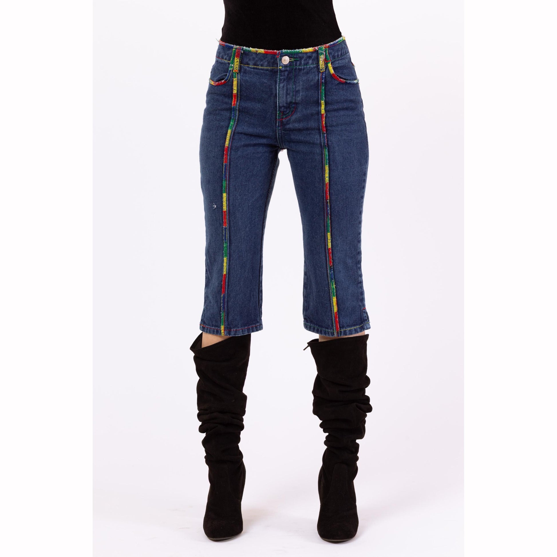Vintage 90s Jordache Rainbow Stitch Capri Jeans - XXS | Low Rise Y2K Cropped Denim Streetwear Pants