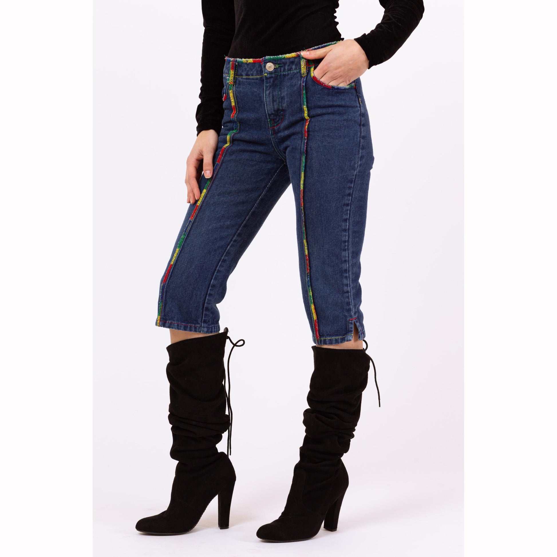 Vintage 90s Jordache Rainbow Stitch Capri Jeans - XXS | Low Rise Y2K Cropped Denim Streetwear Pants