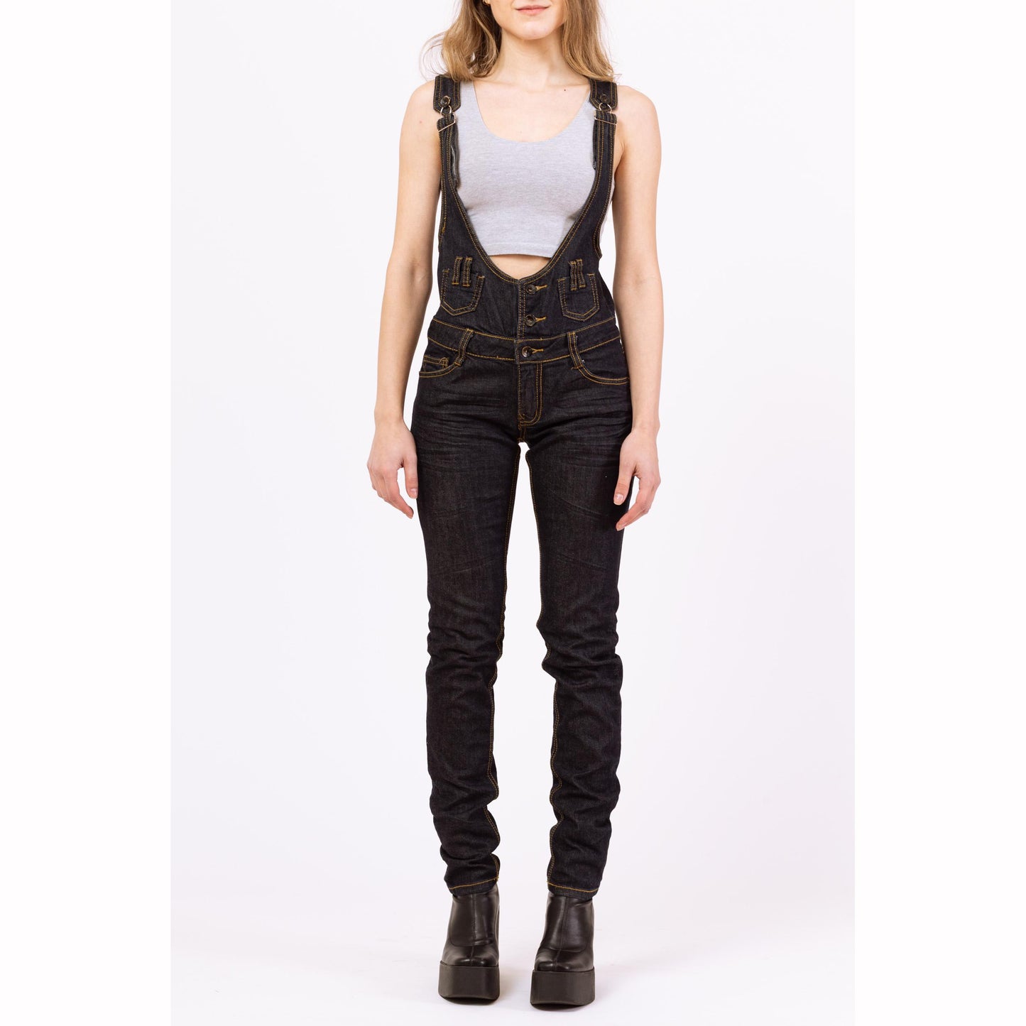 Vintage Y2K Dark Wash Skinny Jean Overalls - Extra Small | Indie Sleaze Denim Pinafore Open Back Jumpsuit
