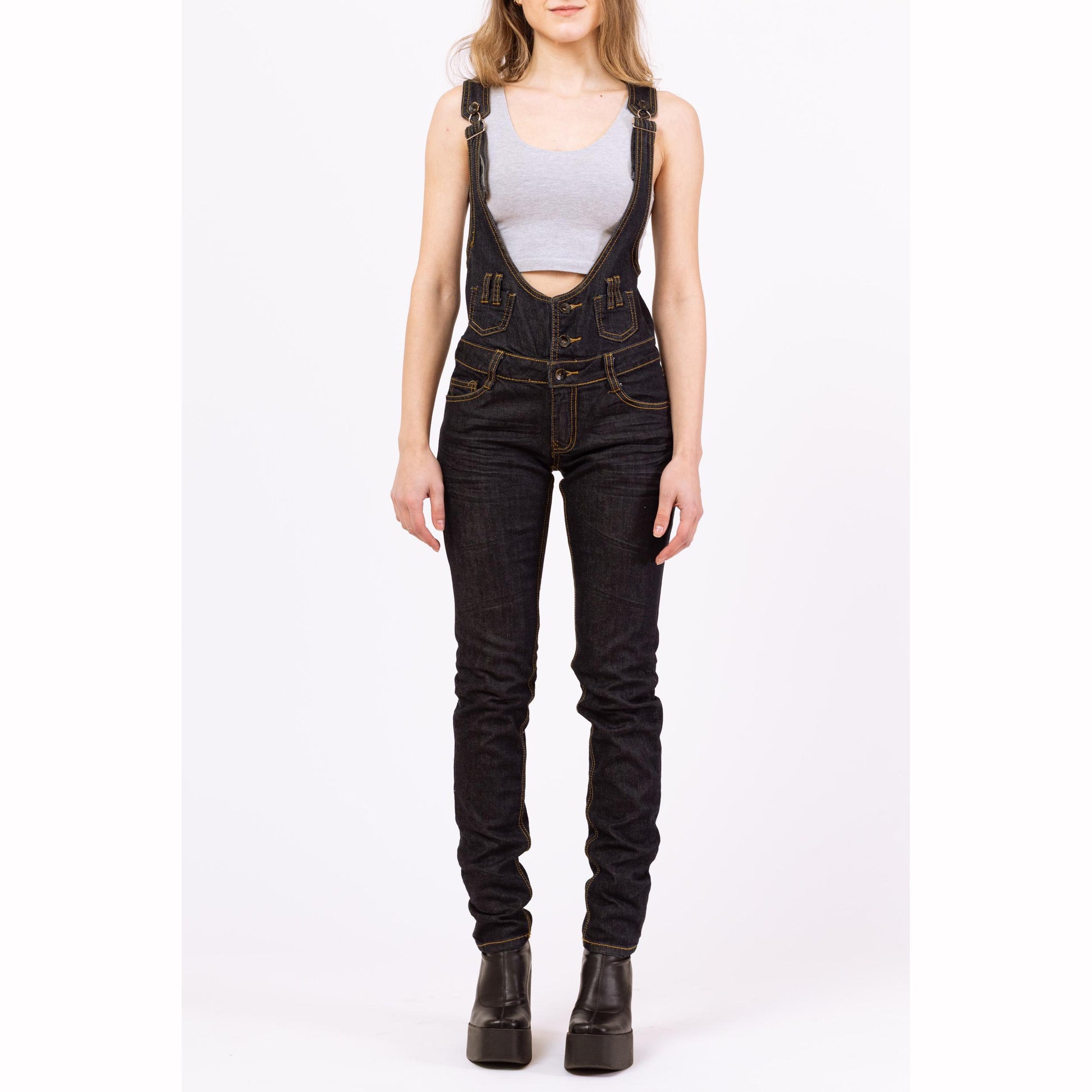 Vintage Y2K Dark Wash Skinny Jean Overalls - Extra Small | Indie Sleaze Denim Pinafore Open Back Jumpsuit