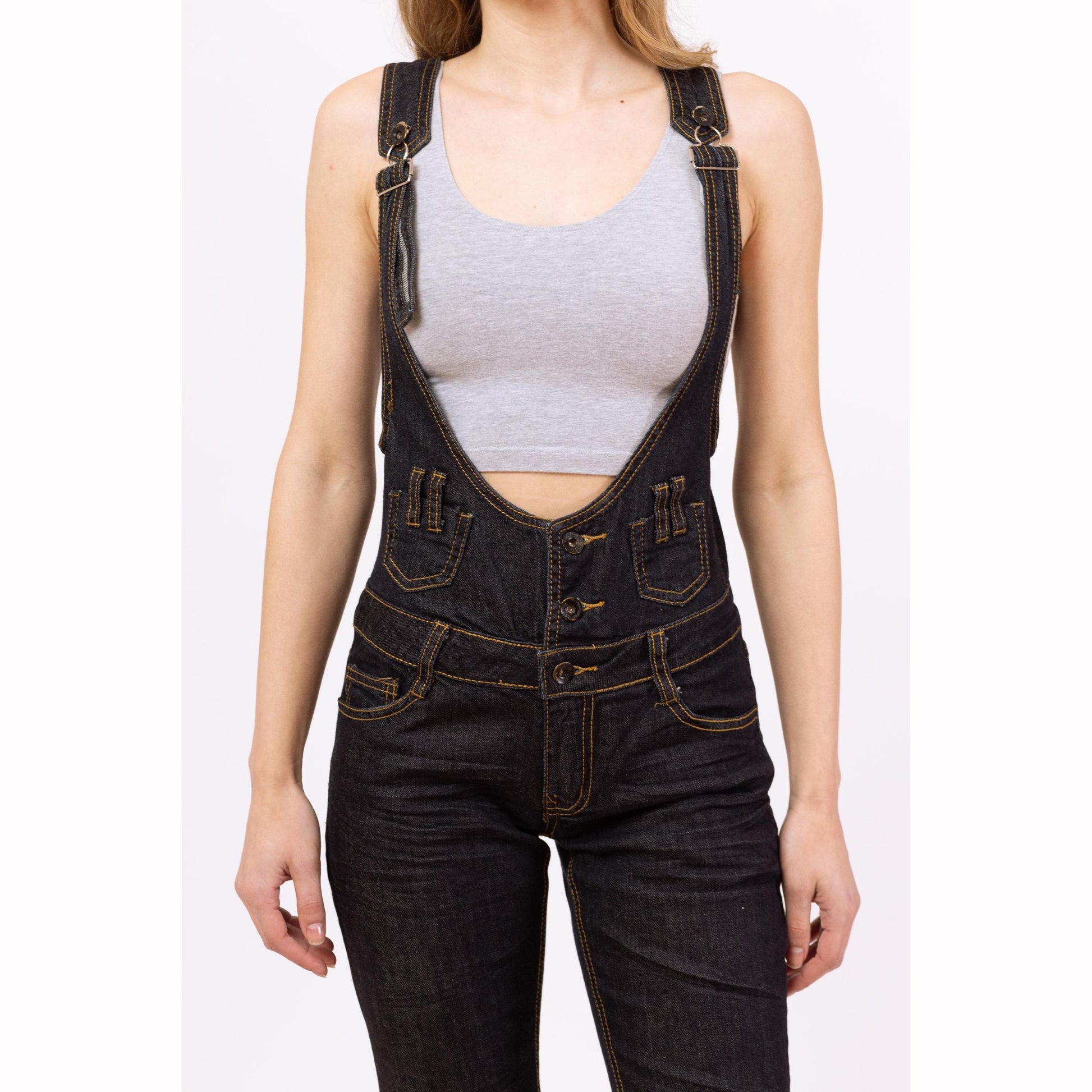 Vintage Y2K Dark Wash Skinny Jean Overalls - Extra Small | Indie Sleaze Denim Pinafore Open Back Jumpsuit