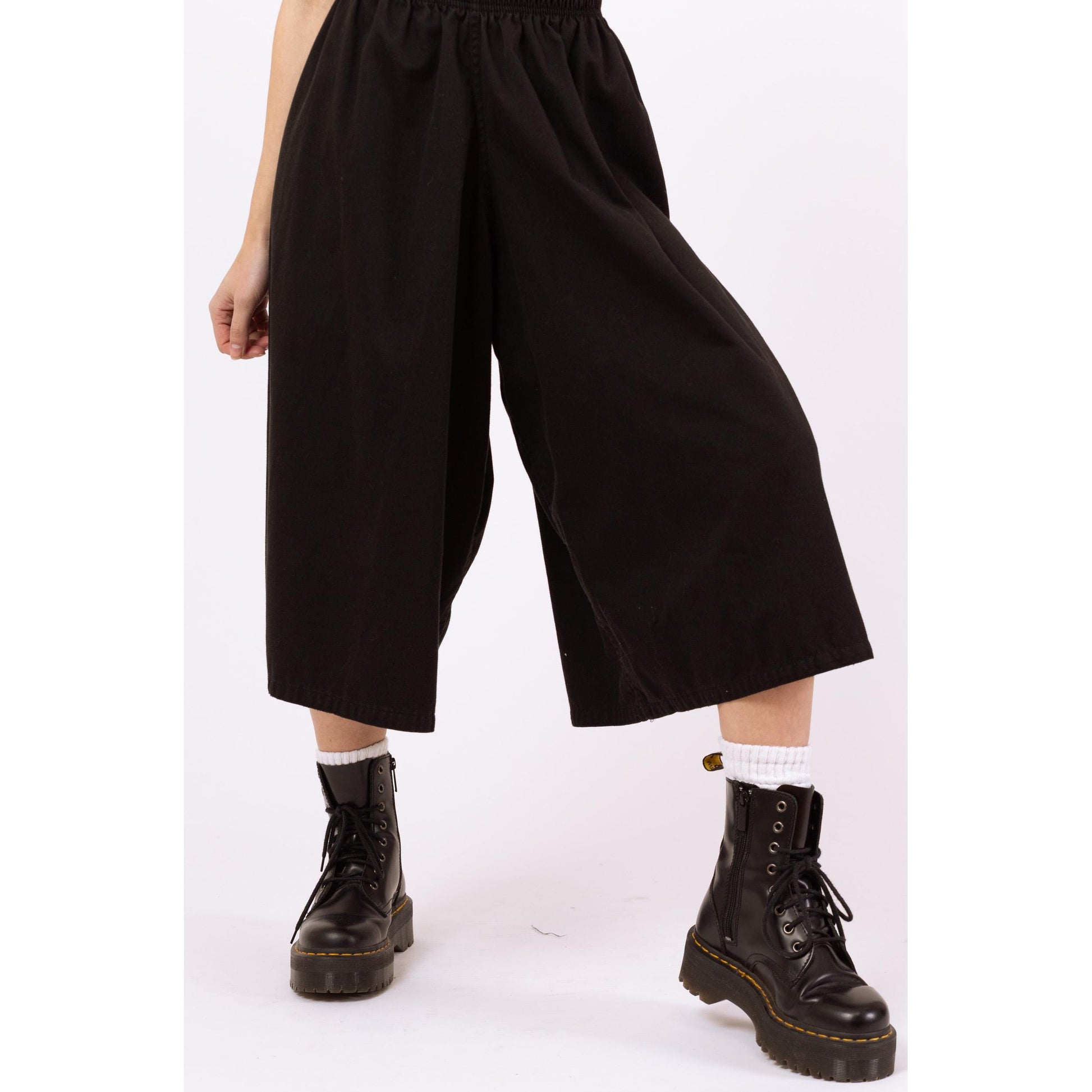 Vintage Y2K Black Wide Leg Culotte Pants - 21"-25" Waist | Casual Wide Leg Drawstring Pants, Grunge Minimalist Streetwear