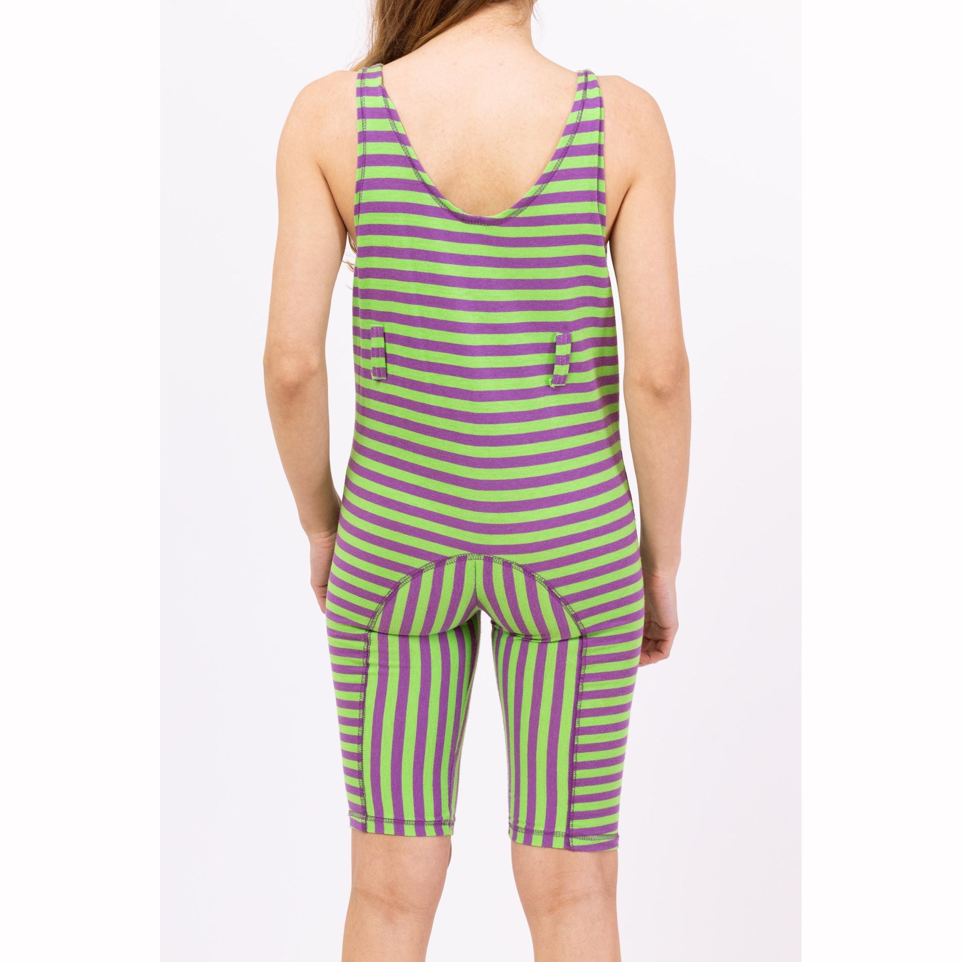 Vintage 80s Green & Purple Striped Fitted Romper - Petite XXS | Biker Shorts Jumpsuit, Sleeveless Scoop Neck Playsuit, Aerobics Leotard