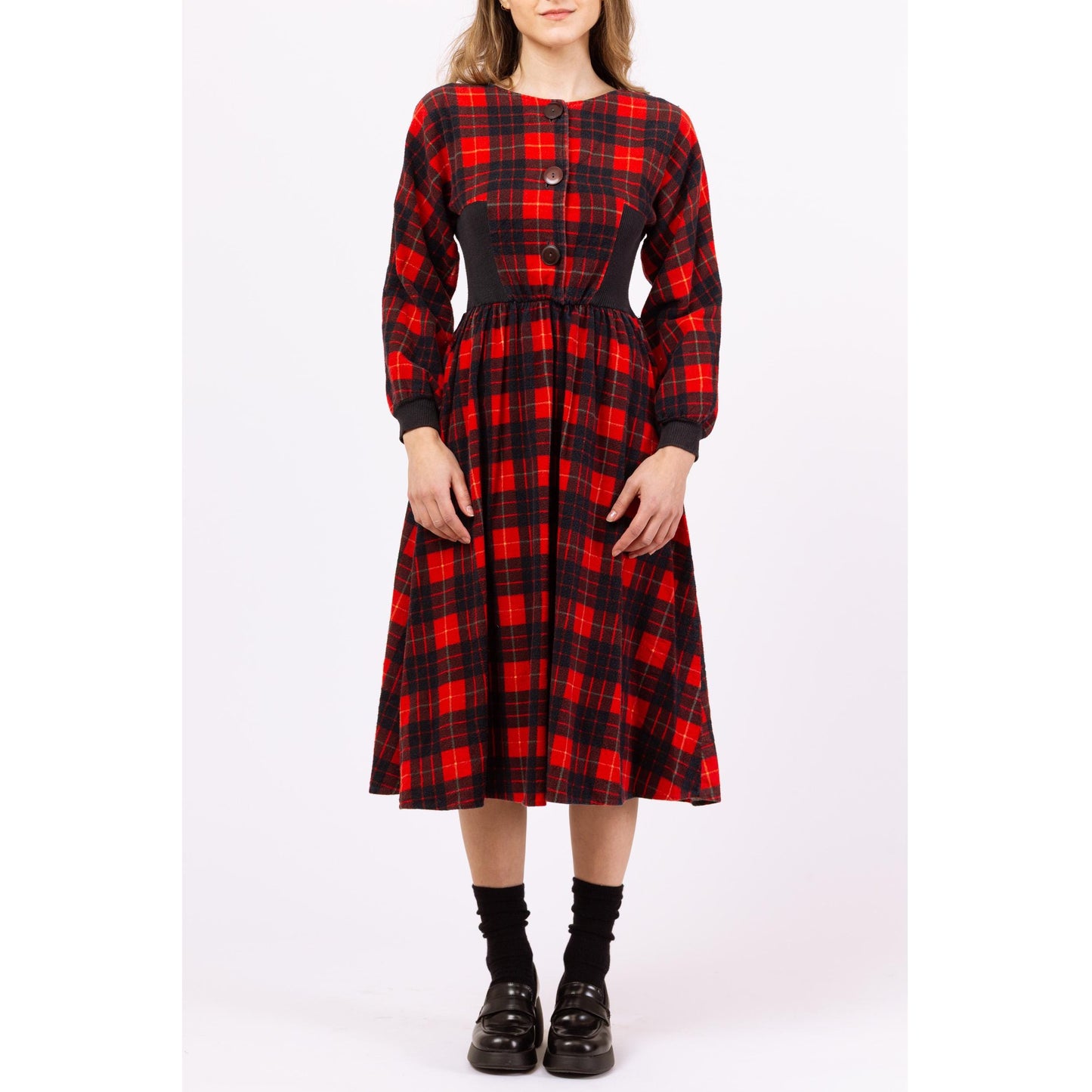Vintage 80s Red & Black Plaid Cotton Flannel Midi Dress – XXS | Fit Flare Shirtdress, Long Sleeve Retro Dress