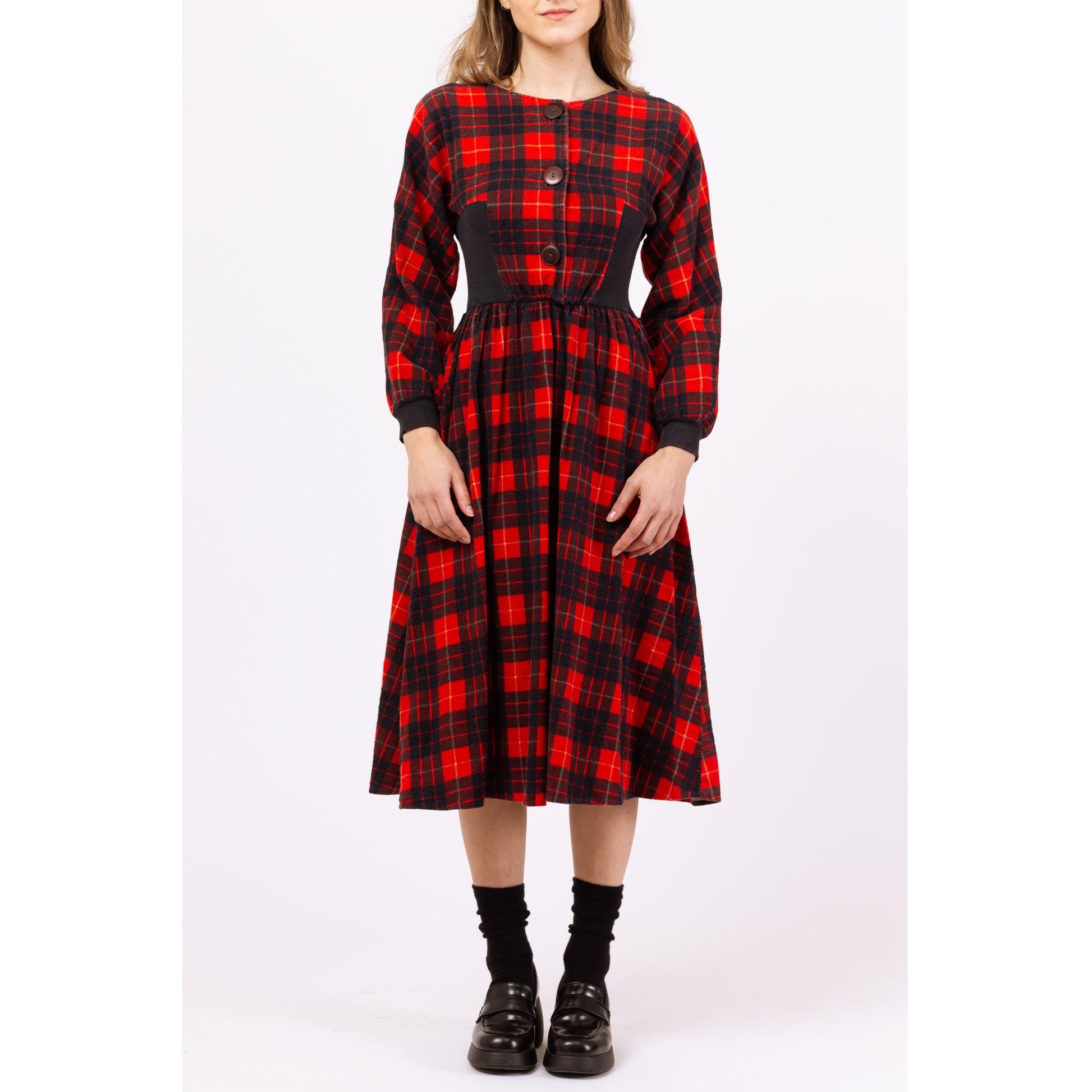 Vintage 80s Red & Black Plaid Cotton Flannel Midi Dress – XXS | Fit Flare Shirtdress, Long Sleeve Retro Dress