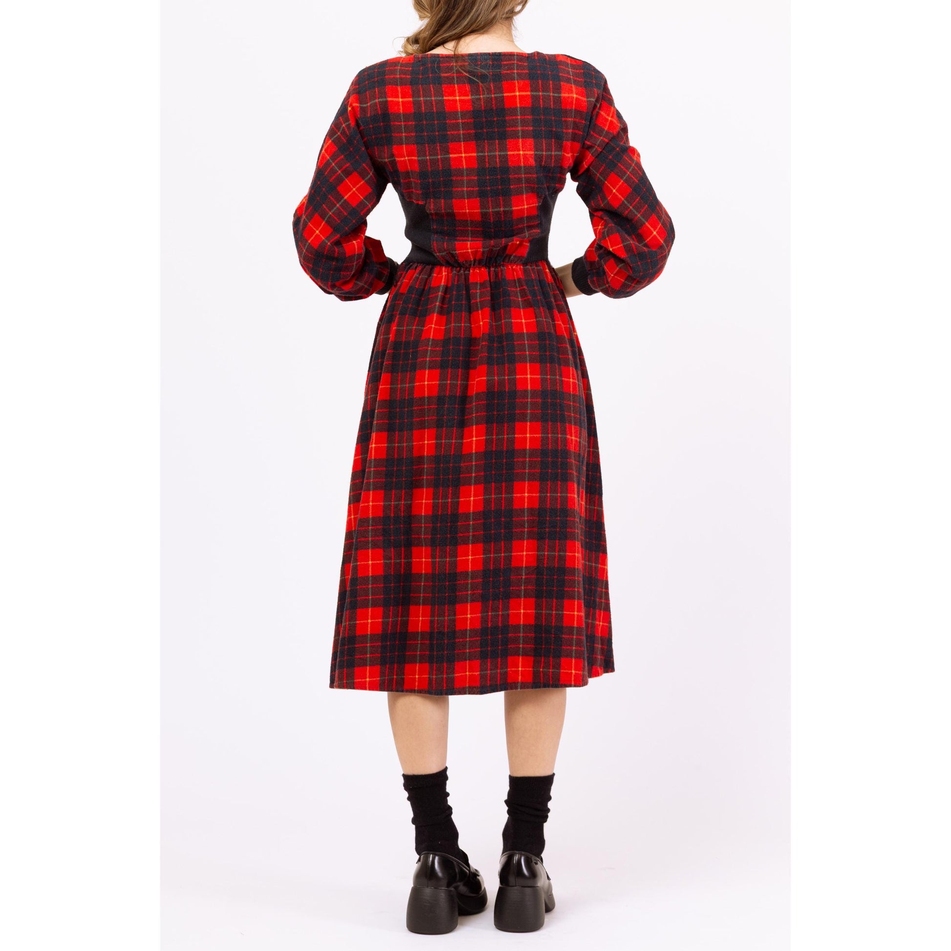 Vintage 80s Red & Black Plaid Cotton Flannel Midi Dress – XXS | Fit Flare Shirtdress, Long Sleeve Retro Dress