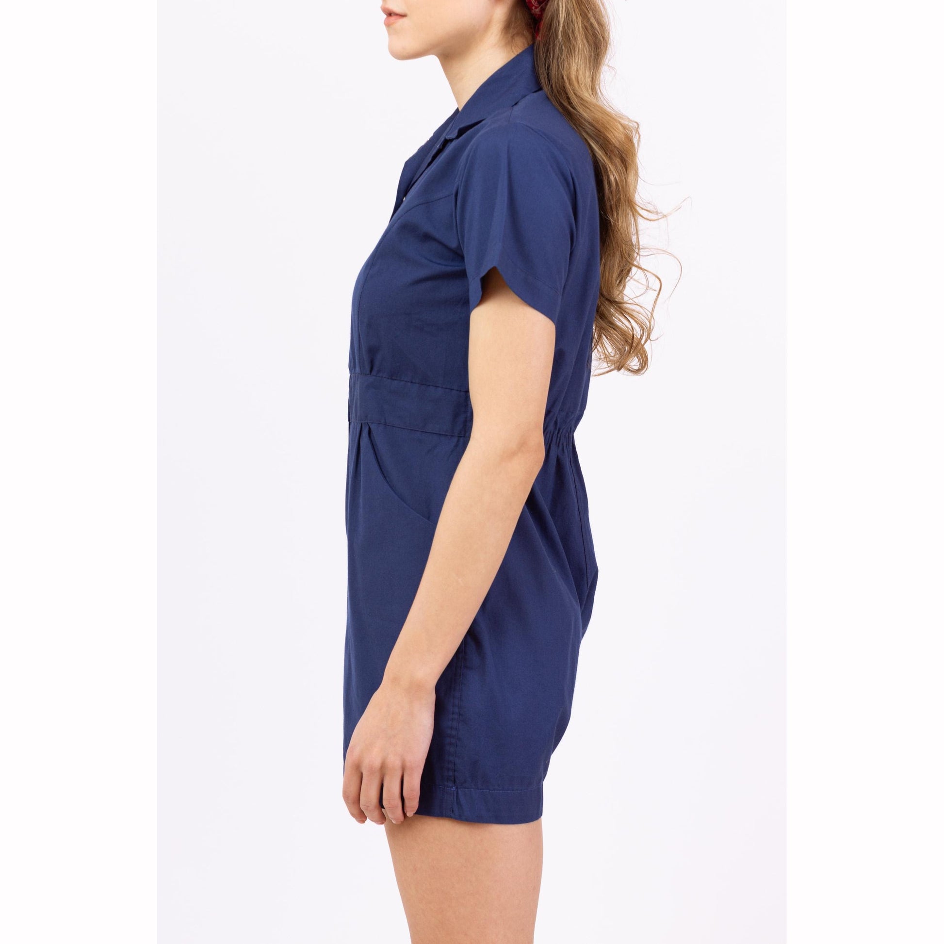 Vintage 1950s Navy Blue Gym Uniform Romper - Petite XXS | Retro 50s Playsuit, Short Sleeve Snap Front Cotton Blend P.E. Outfit