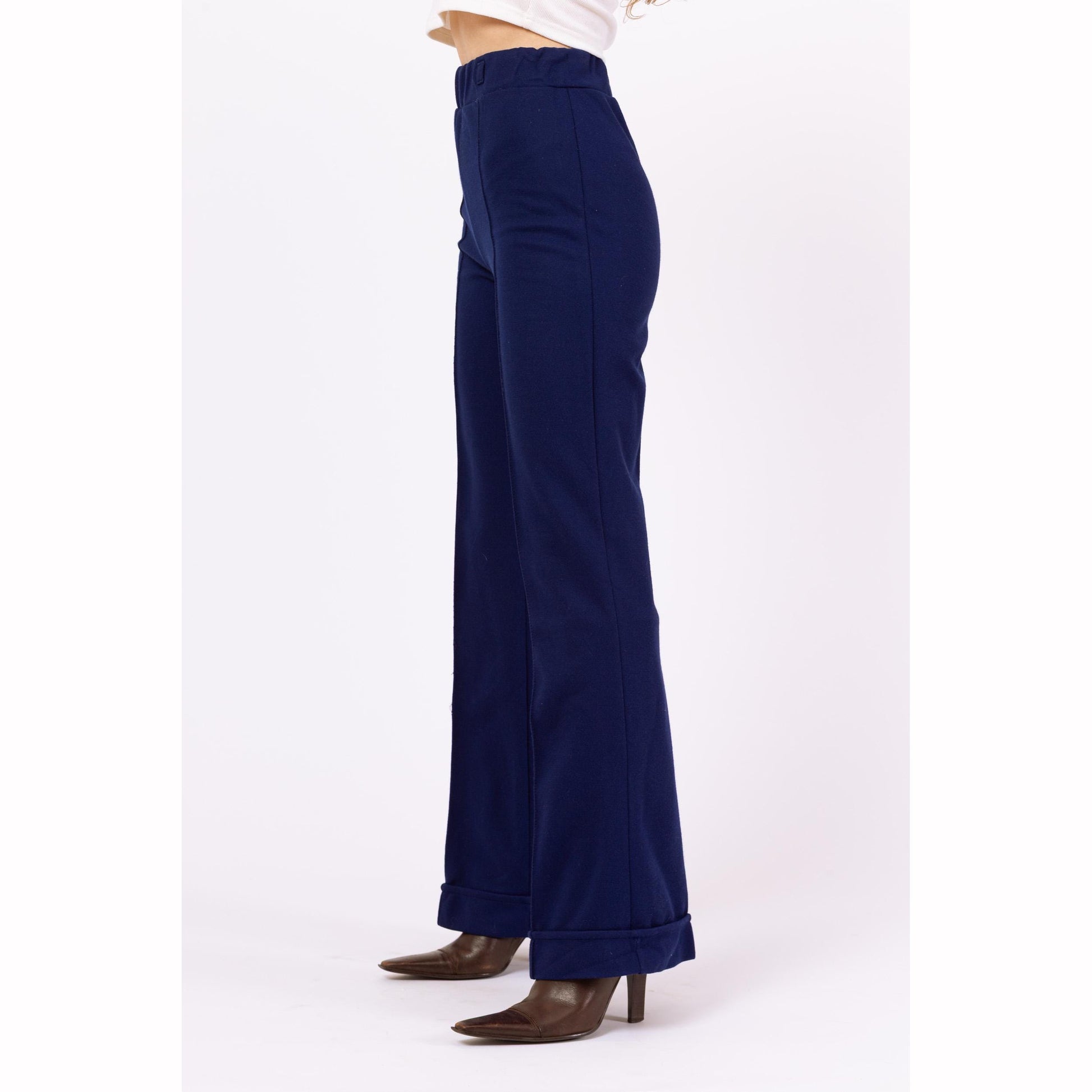 Vintage 70s Navy Blue Knit High Waisted Cuffed Pants - XXS, 22"-24" Waist | Retro Bootcut Leg Casual Stretchy Trousers