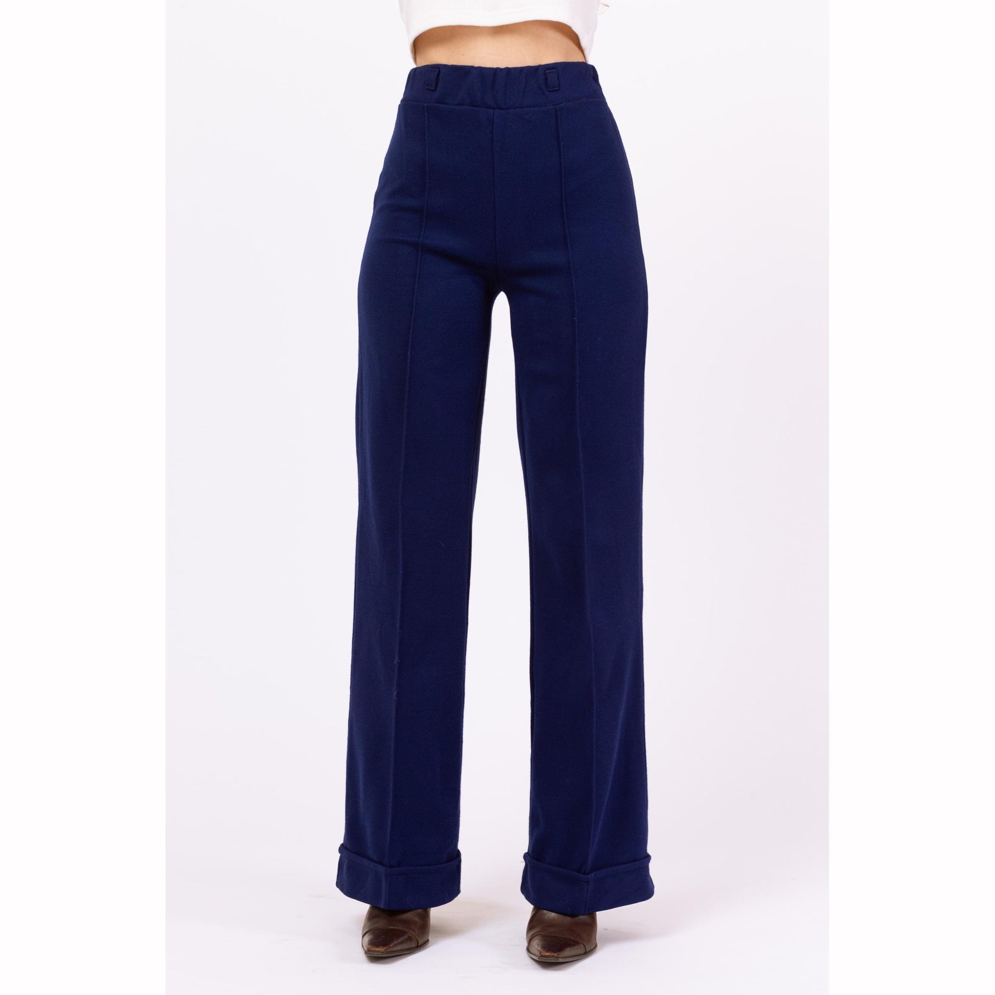 Vintage 70s Navy Blue Knit High Waisted Cuffed Pants - XXS, 22"-24" Waist | Retro Bootcut Leg Casual Stretchy Trousers