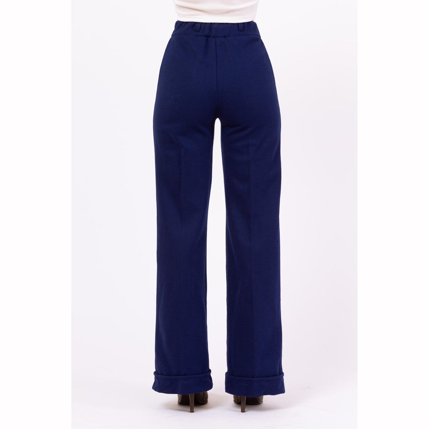 Vintage 70s Navy Blue Knit High Waisted Cuffed Pants - XXS, 22"-24" Waist | Retro Bootcut Leg Casual Stretchy Trousers