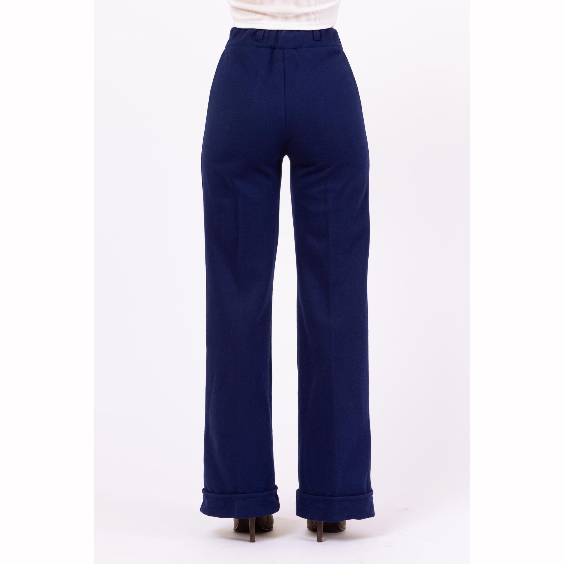 Vintage 70s Navy Blue Knit High Waisted Cuffed Pants - XXS, 22"-24" Waist | Retro Bootcut Leg Casual Stretchy Trousers