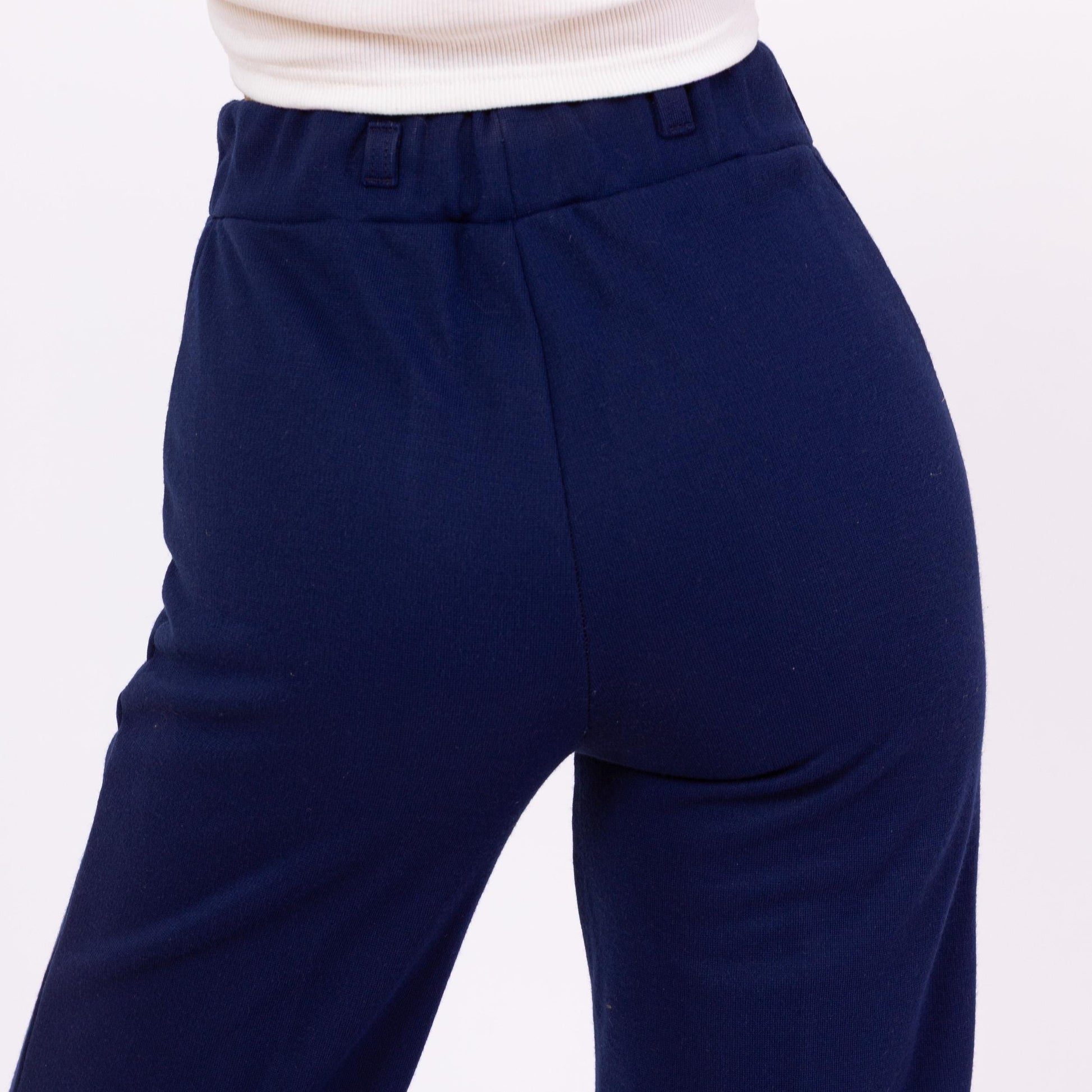 Vintage 70s Navy Blue Knit High Waisted Cuffed Pants - XXS, 22"-24" Waist | Retro Bootcut Leg Casual Stretchy Trousers