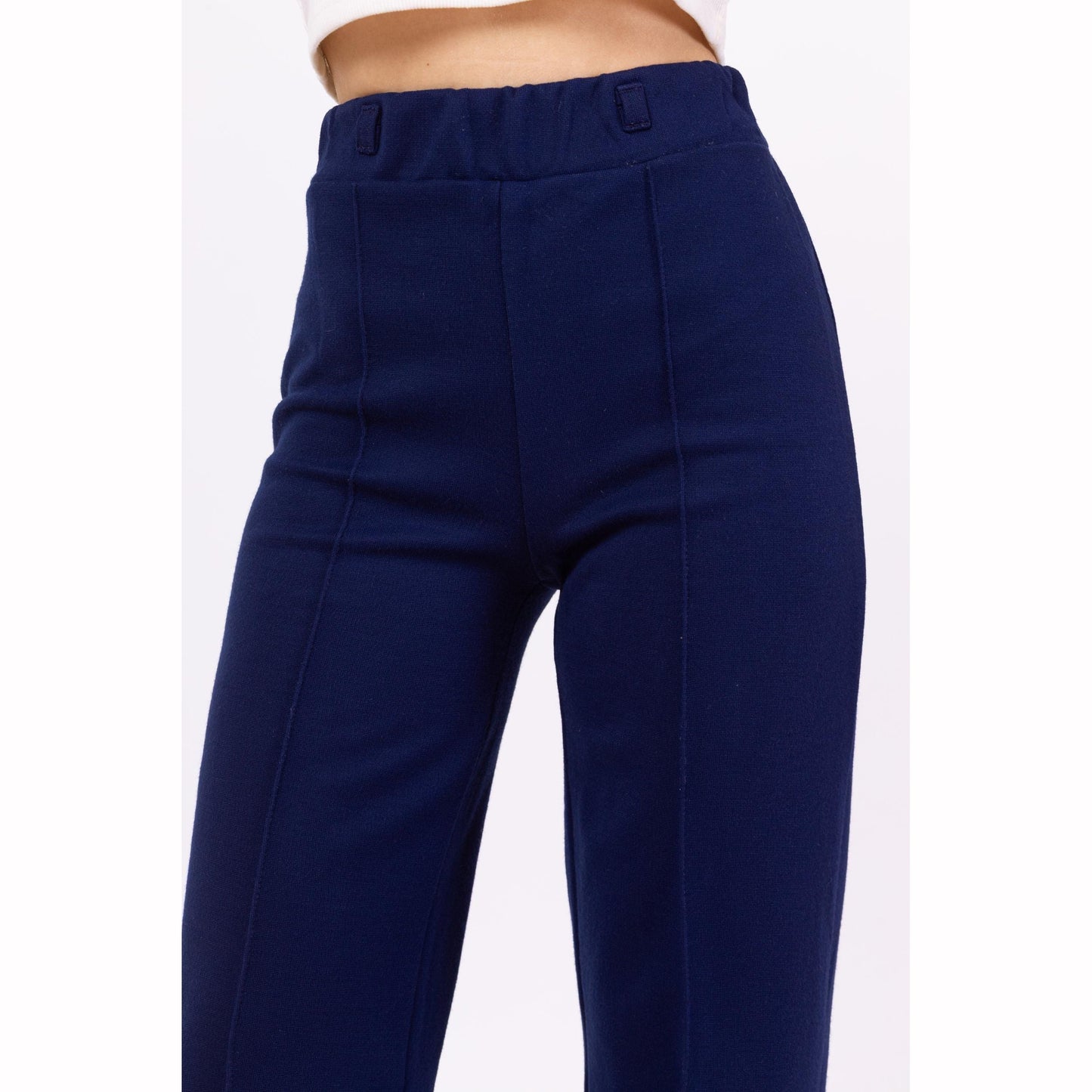 Vintage 70s Navy Blue Knit High Waisted Cuffed Pants - XXS, 22"-24" Waist | Retro Bootcut Leg Casual Stretchy Trousers