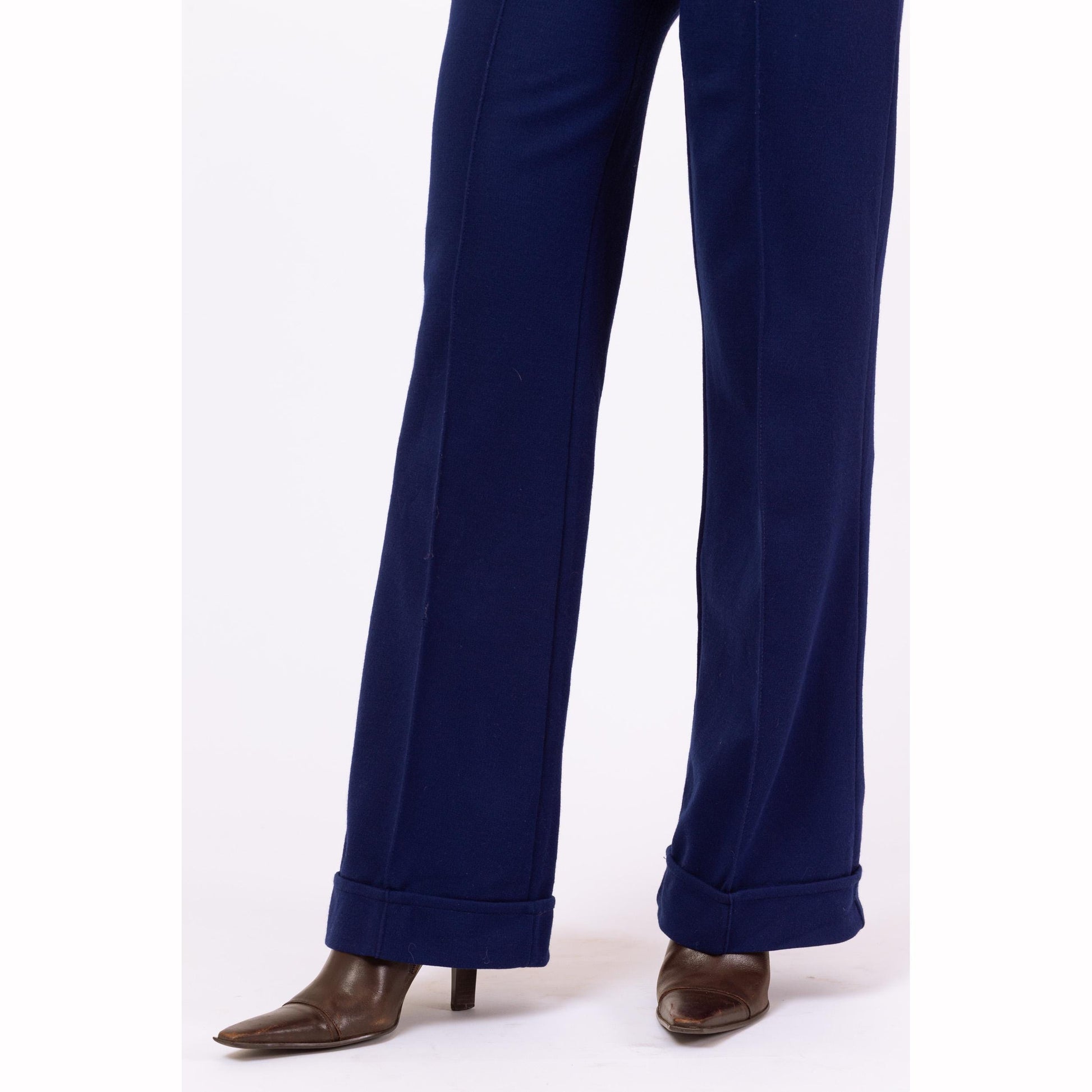 Vintage 70s Navy Blue Knit High Waisted Cuffed Pants - XXS, 22"-24" Waist | Retro Bootcut Leg Casual Stretchy Trousers