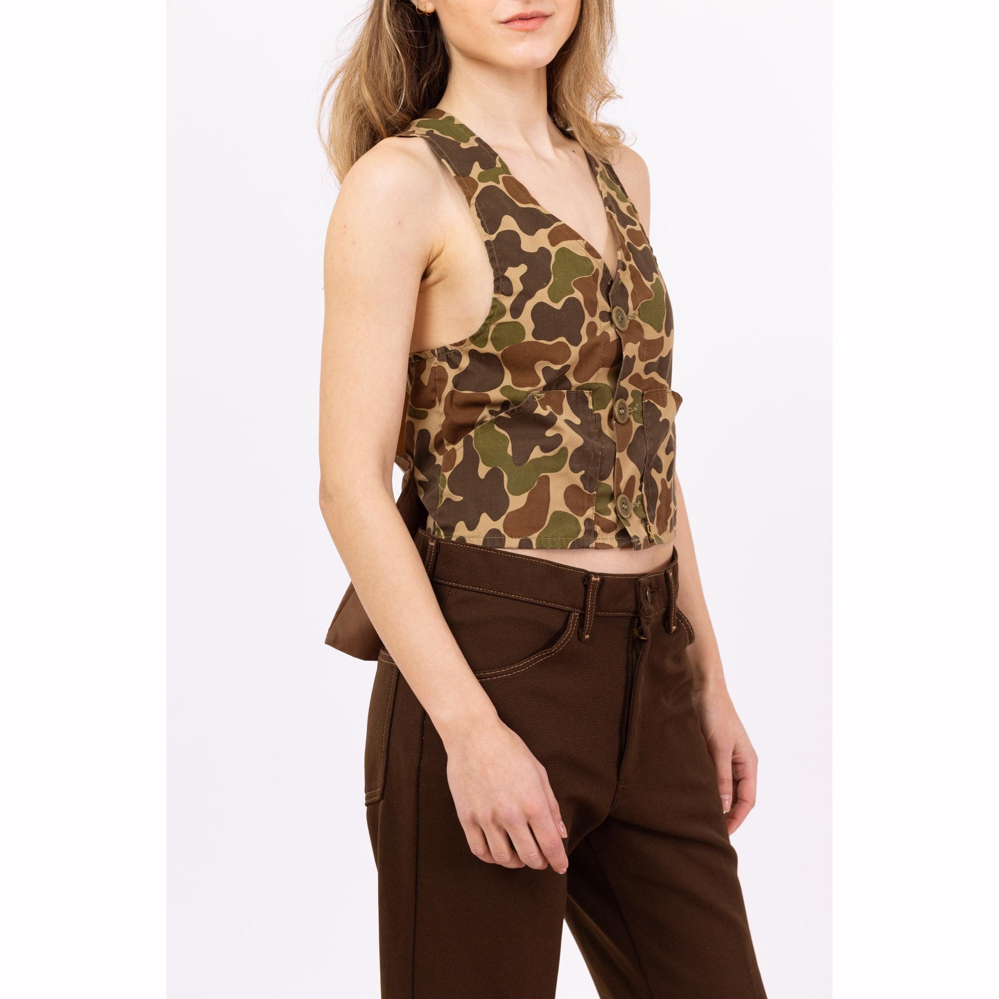 Vintage 80s Duxbak Camo Print Hunting Vest - XXS to XS | Camouflage Canvas Cropped Outdoor Gear