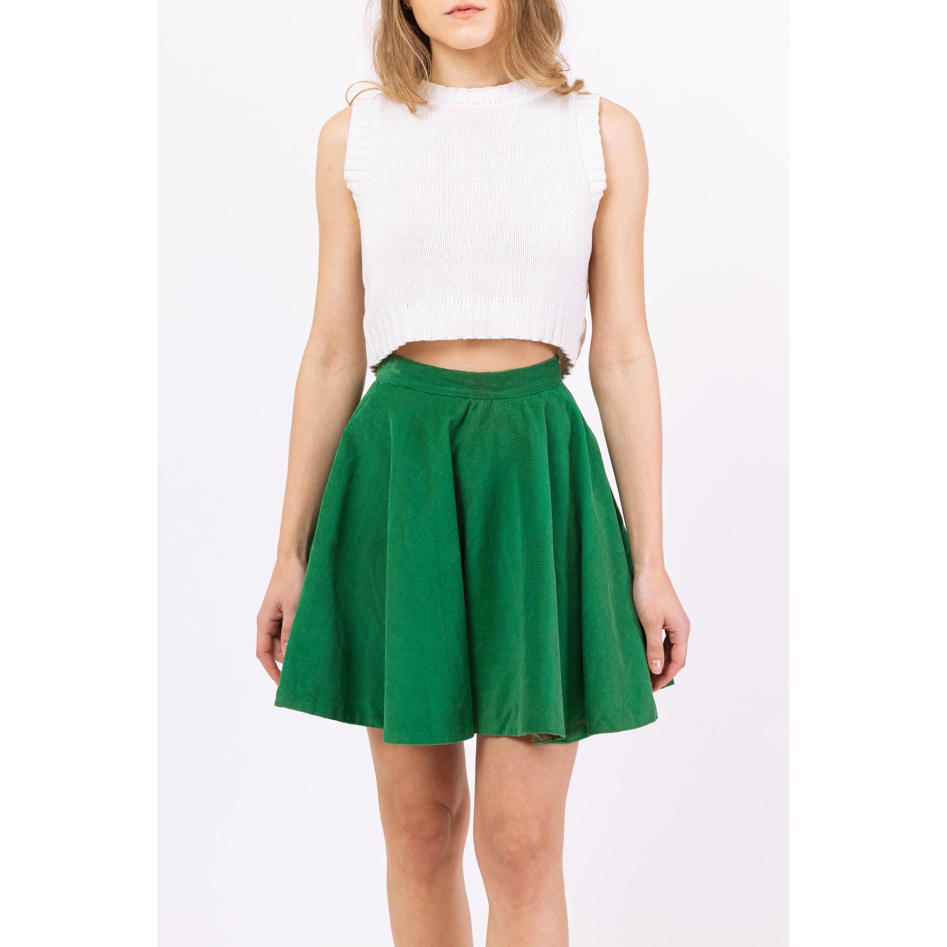 Vintage 60s Green Corduroy Mini Circle Skirt - XXS, 23" Waist | Retro Majorette Uniform High Waisted Skater Miniskirt