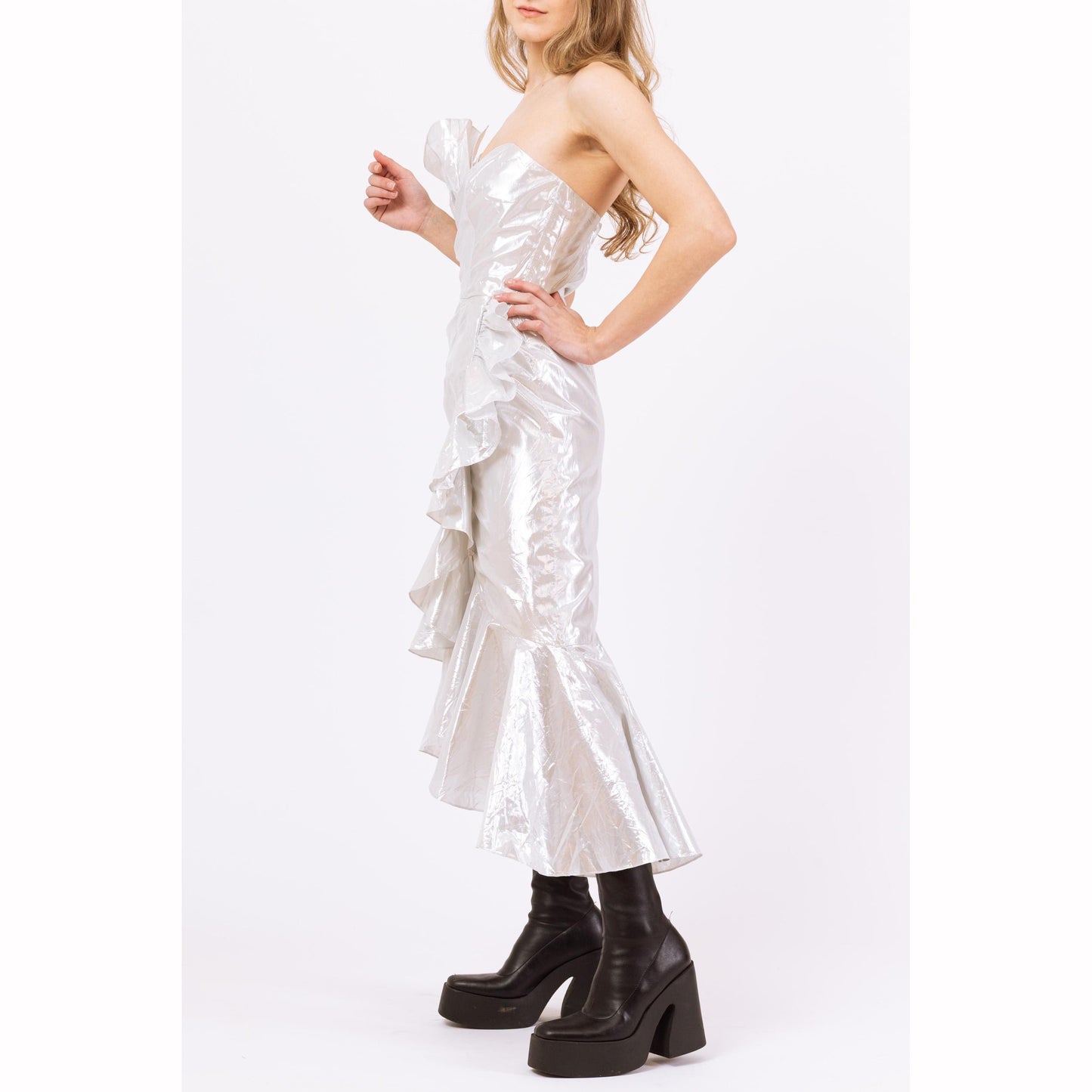Vintage 80s Silver Metallic Strapless Fishtail Party Dress - XXS | Retro Prom Gown, Formal Ruffled High Low Hem Midi Mermaid Dress