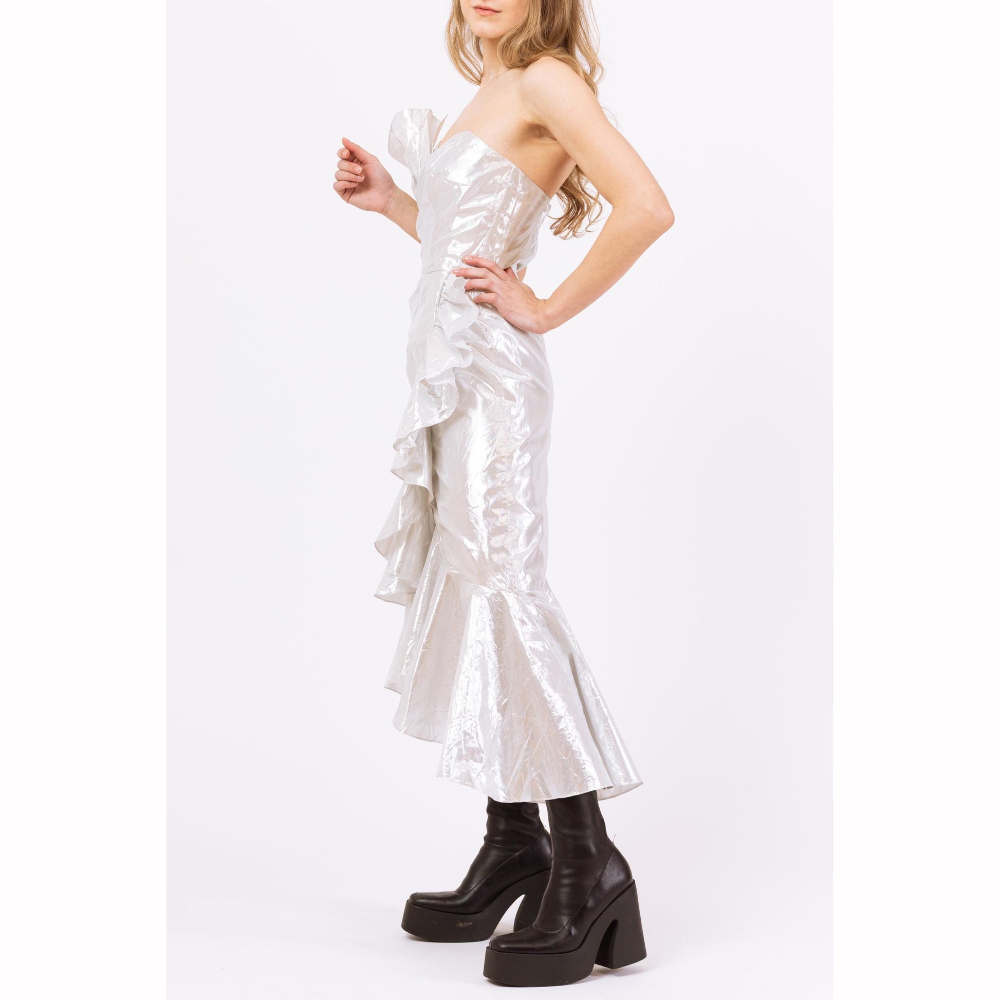 Vintage 80s Silver Metallic Strapless Fishtail Party Dress - XXS | Retro Prom Gown, Formal Ruffled High Low Hem Midi Mermaid Dress
