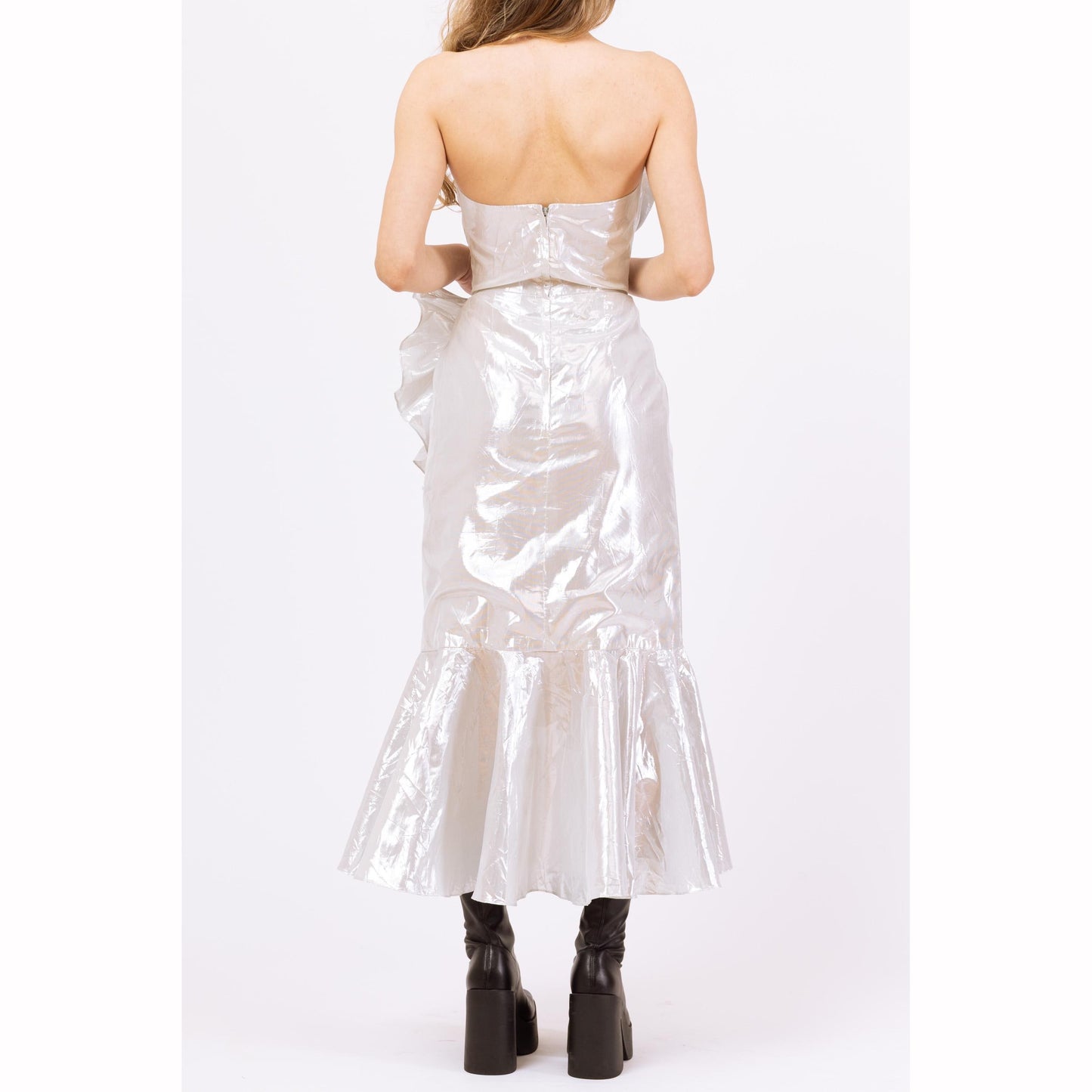 Vintage 80s Silver Metallic Strapless Fishtail Party Dress - XXS | Retro Prom Gown, Formal Ruffled High Low Hem Midi Mermaid Dress