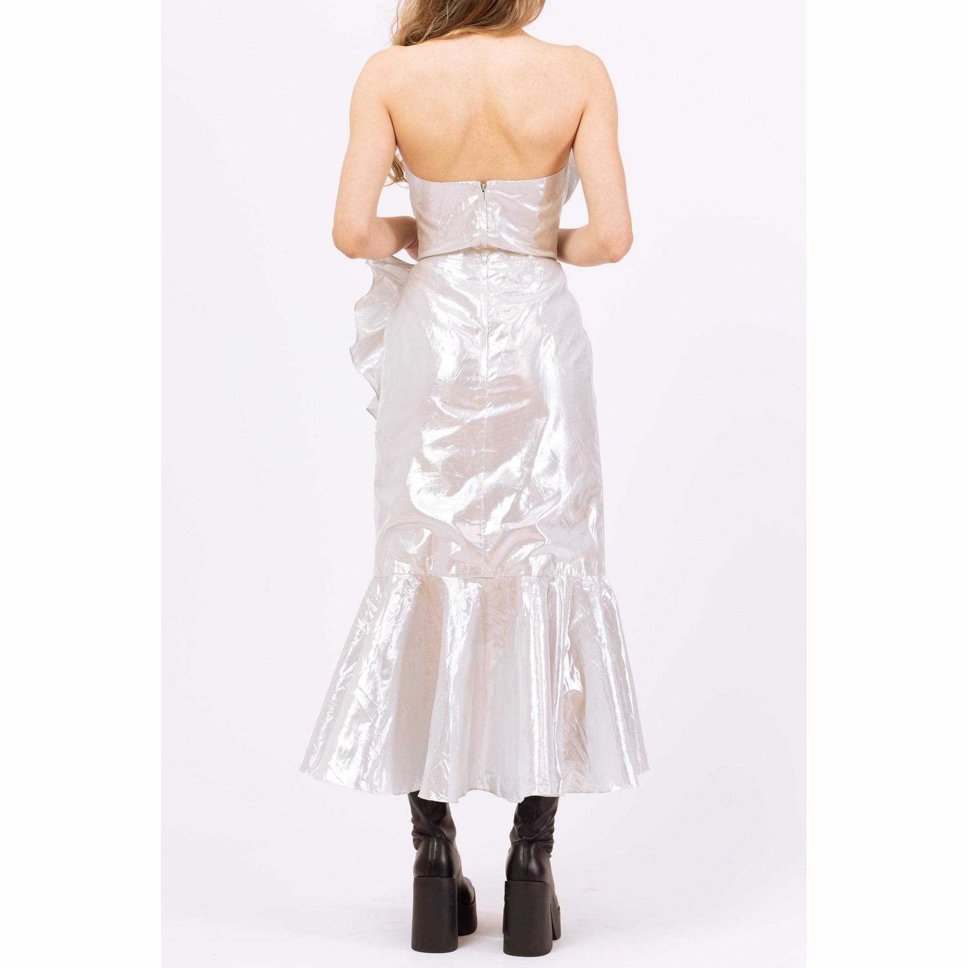 Vintage 80s Silver Metallic Strapless Fishtail Party Dress - XXS | Retro Prom Gown, Formal Ruffled High Low Hem Midi Mermaid Dress