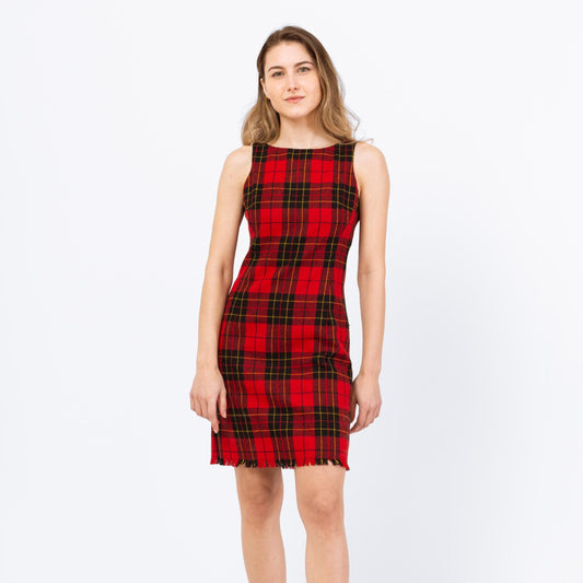 Vintage 90s Hugo Buscati Red Plaid Mini Sheath Dress - Extra Small, Size 2 | Retro Wool Blend Fringe Trim Sleeveless Fitted Cocktail Dress