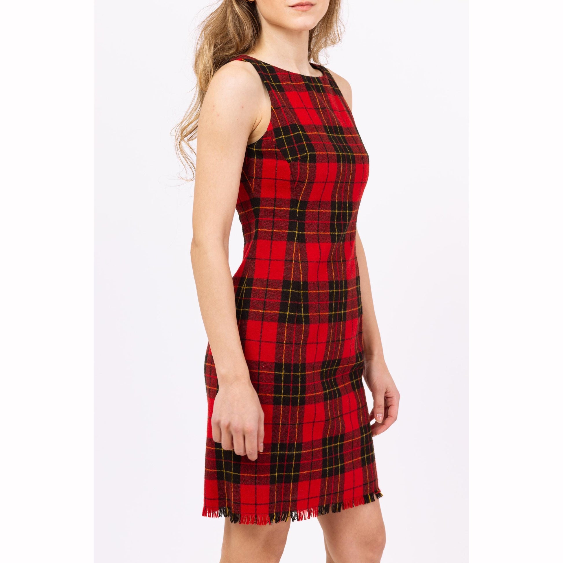 Vintage 90s Hugo Buscati Red Plaid Mini Sheath Dress - Extra Small, Size 2 | Retro Wool Blend Fringe Trim Sleeveless Fitted Cocktail Dress