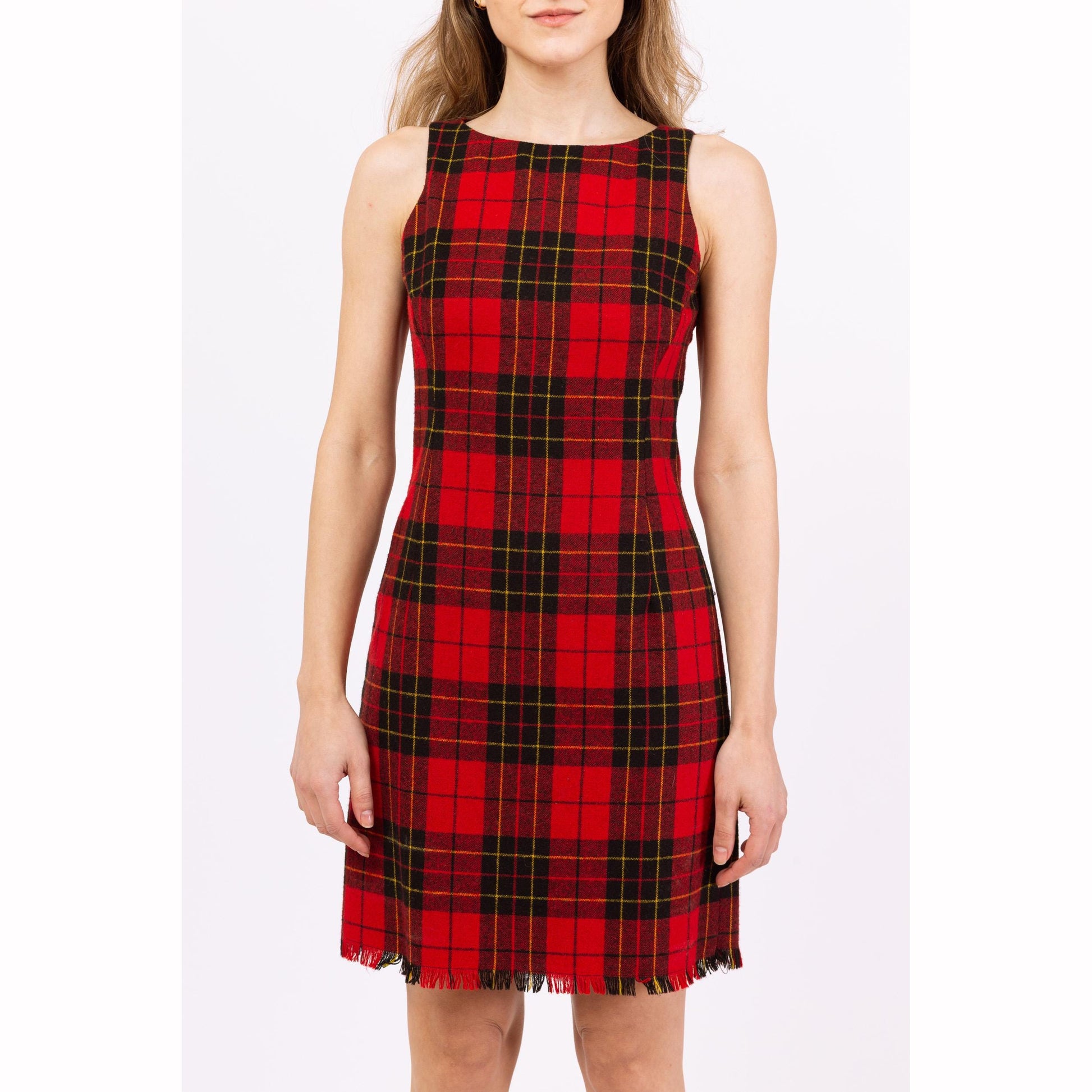 Vintage 90s Hugo Buscati Red Plaid Mini Sheath Dress - Extra Small, Size 2 | Retro Wool Blend Fringe Trim Sleeveless Fitted Cocktail Dress