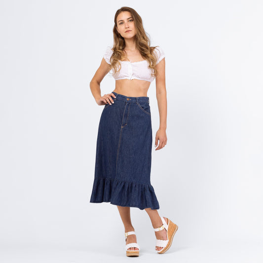 Vintage 70s Chambray Denim A-Line Ruffle Midi Skirt - Extra Small, 25" Waist | High Waist Cotton Cottagecore Skirt, Western Jean Skirt