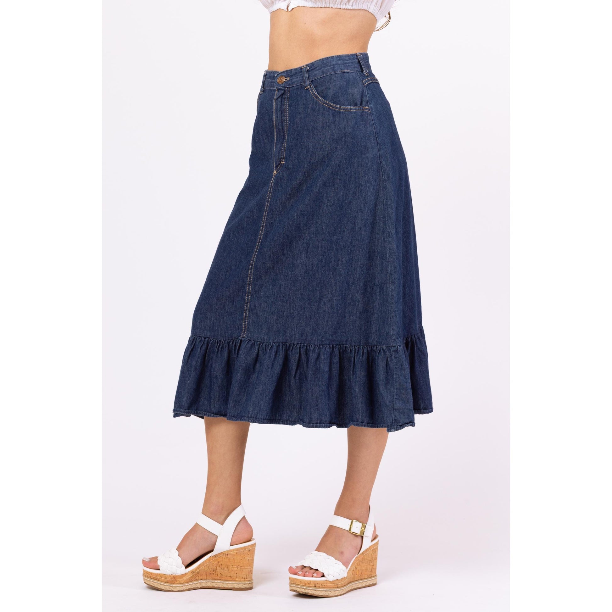 Vintage 70s Chambray Denim A-Line Ruffle Midi Skirt - Extra Small, 25" Waist | High Waist Cotton Cottagecore Skirt, Western Jean Skirt