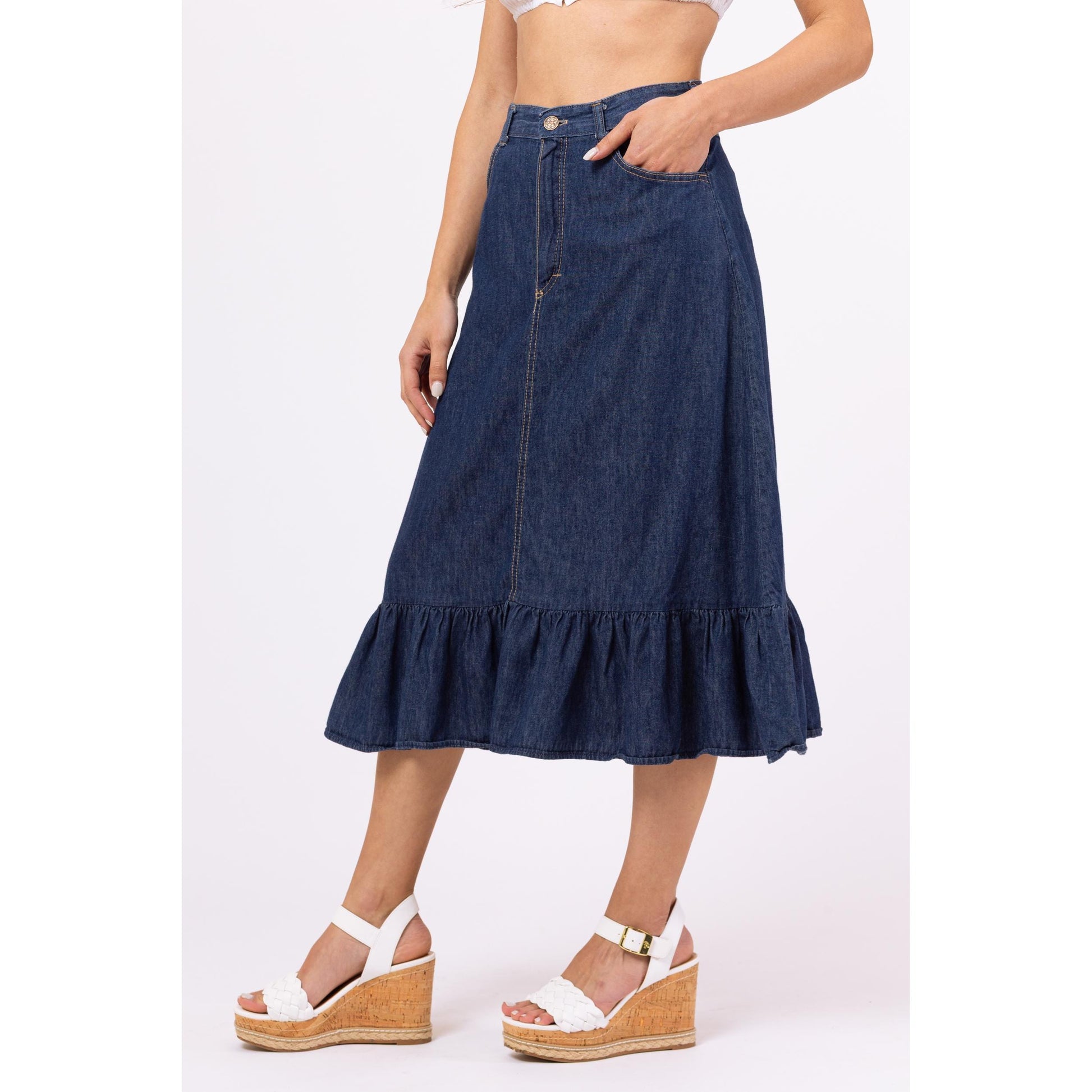 Vintage 70s Chambray Denim A-Line Ruffle Midi Skirt - Extra Small, 25" Waist | High Waist Cotton Cottagecore Skirt, Western Jean Skirt