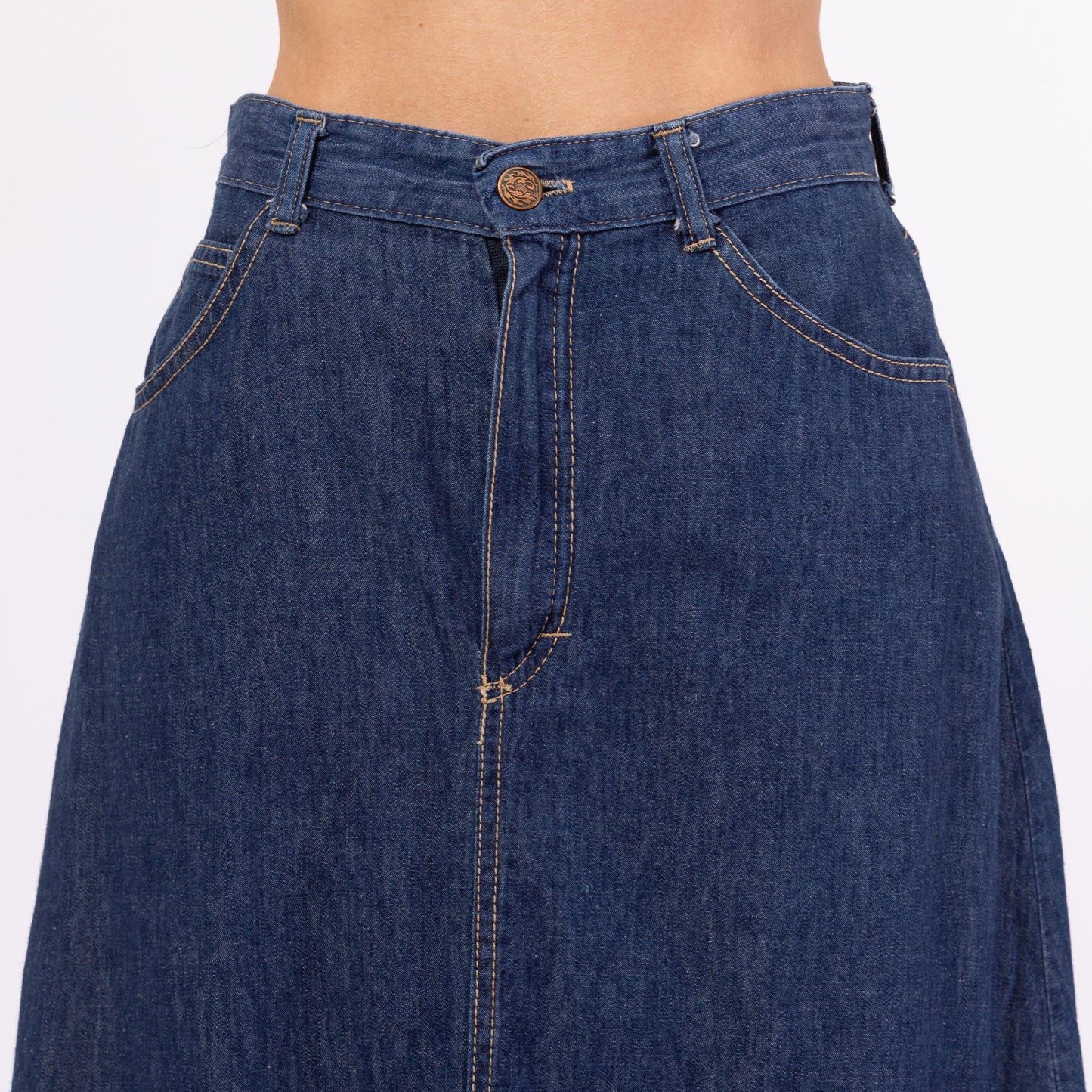 Vintage 70s Chambray Denim A-Line Ruffle Midi Skirt - Extra Small, 25" Waist | High Waist Cotton Cottagecore Skirt, Western Jean Skirt