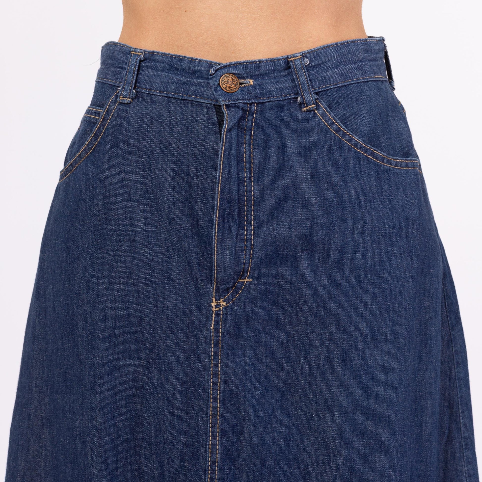 Vintage 70s Chambray Denim A-Line Ruffle Midi Skirt - Extra Small, 25" Waist | High Waist Cotton Cottagecore Skirt, Western Jean Skirt