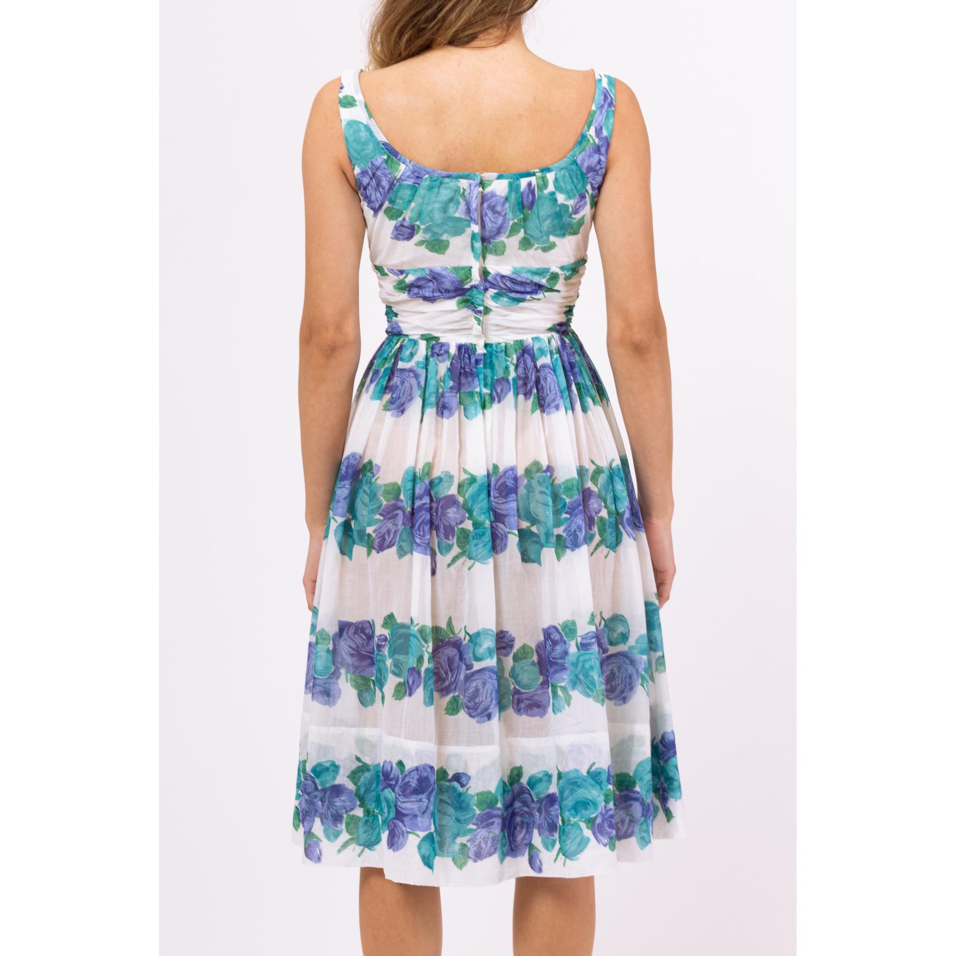 Vintage 50s 60s Blue Floral Fit & Flare Midi Dress - XXS | 1950s Summer Wedding Guest Outfit, Sleeveless Sundress, Garden Party Dress