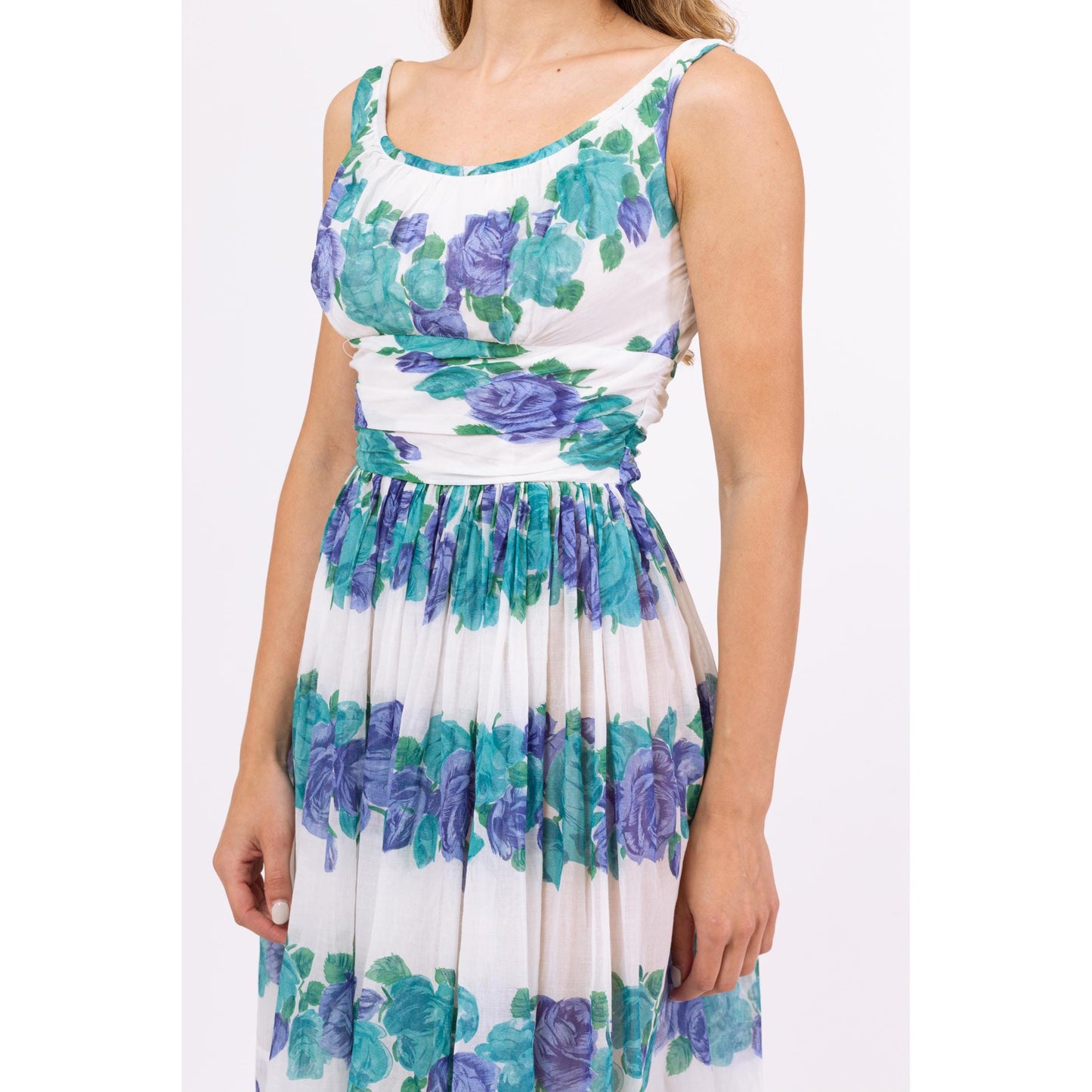 Vintage 50s 60s Blue Floral Fit & Flare Midi Dress - XXS | 1950s Summer Wedding Guest Outfit, Sleeveless Sundress, Garden Party Dress