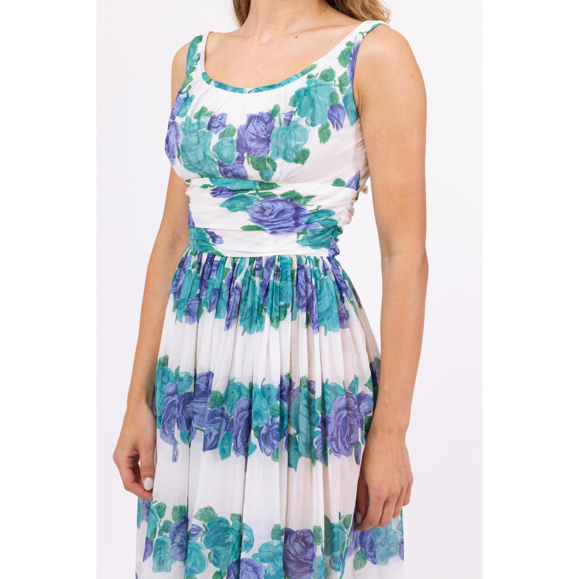 Vintage 50s 60s Blue Floral Fit & Flare Midi Dress - XXS | 1950s Summer Wedding Guest Outfit, Sleeveless Sundress, Garden Party Dress