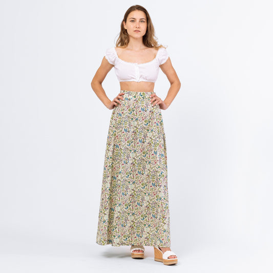 Vintage 70s Boho Wildflower Print Prairie Maxi Skirt - Extra Small, 24" Waist | A-Line Floral Cottagecore Long Summer Skirt