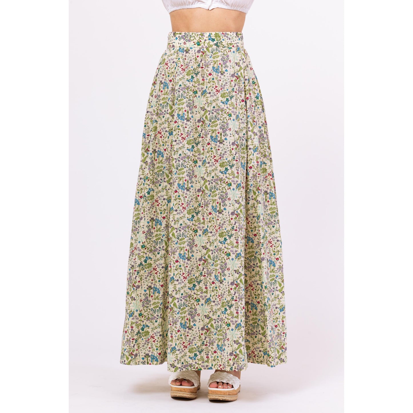 Vintage 70s Boho Wildflower Print Prairie Maxi Skirt - Extra Small, 24" Waist | A-Line Floral Cottagecore Long Summer Skirt