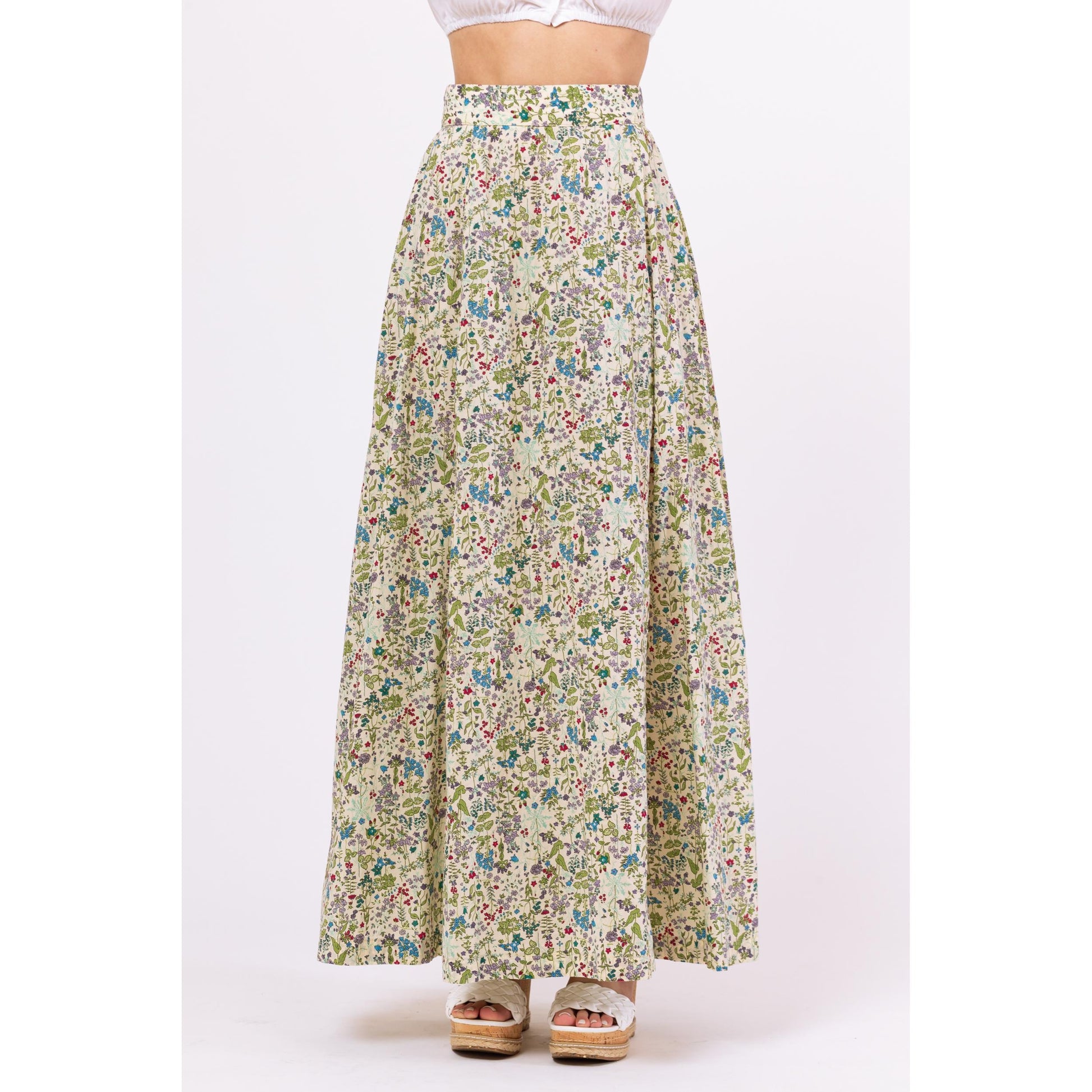 Vintage 70s Boho Wildflower Print Prairie Maxi Skirt - Extra Small, 24" Waist | A-Line Floral Cottagecore Long Summer Skirt