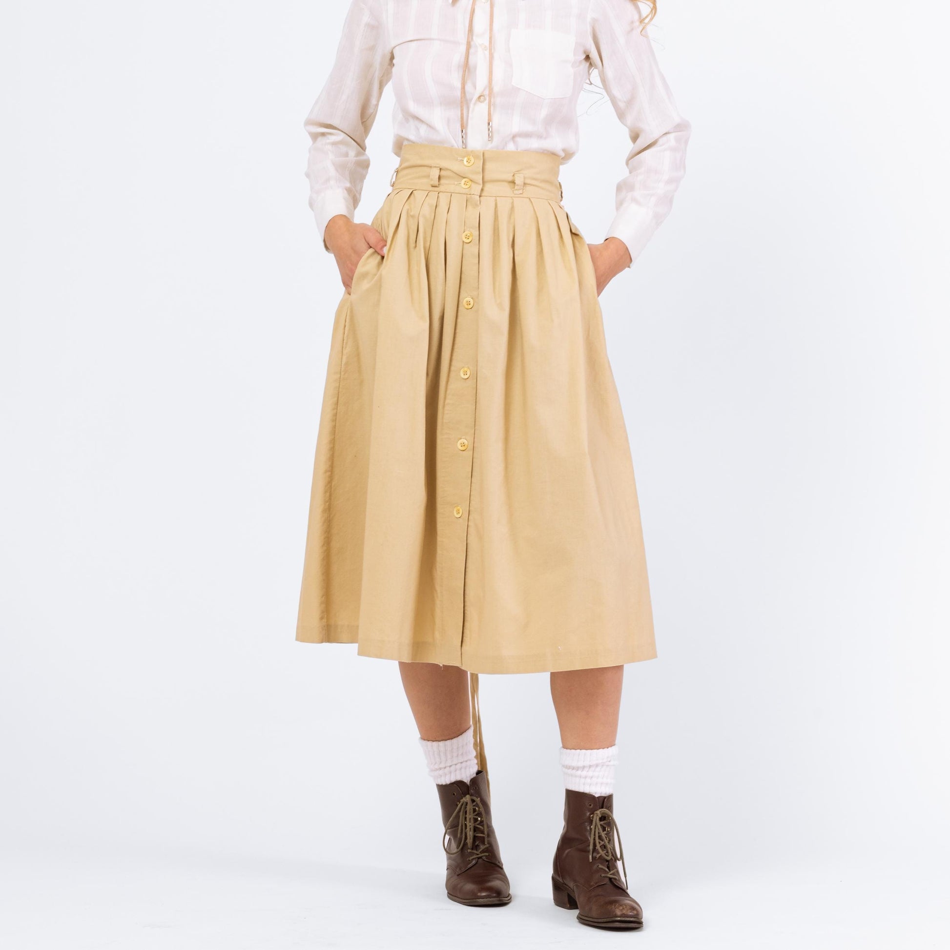 Vintage 70s Boho Tan Yoked Western Midi Skirt - Extra Small, 24" Waist | 1970s A-Line Button Front High Waist Skirt with Side Pockets