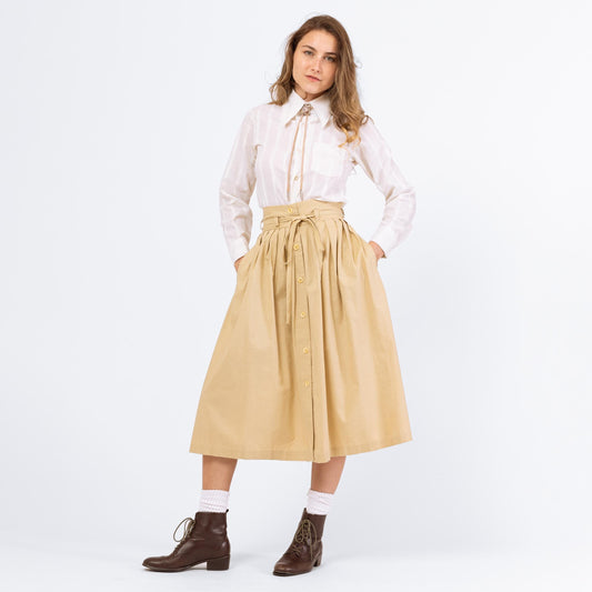 Vintage 70s Boho Tan Yoked Western Midi Skirt - Extra Small, 24" Waist | 1970s A-Line Button Front High Waist Skirt with Side Pockets