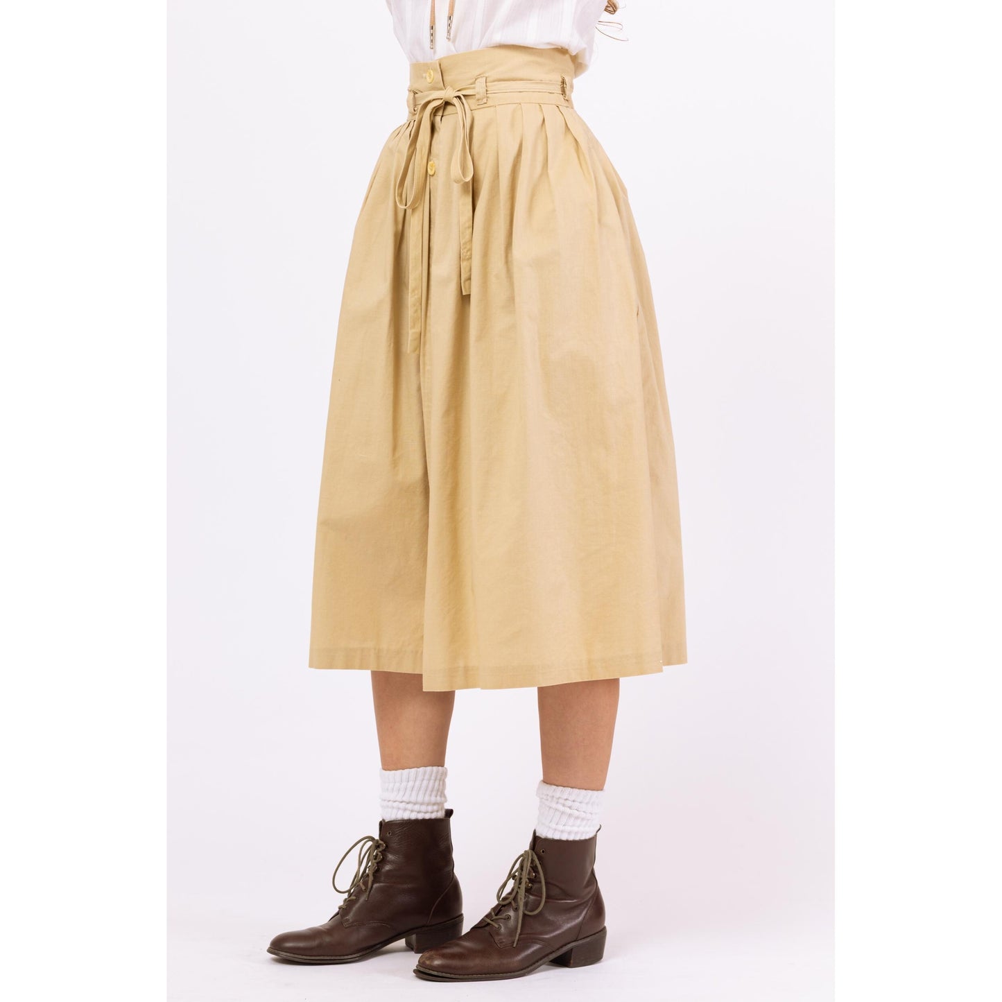 Vintage 70s Boho Tan Yoked Western Midi Skirt - Extra Small, 24" Waist | 1970s A-Line Button Front High Waist Skirt with Side Pockets