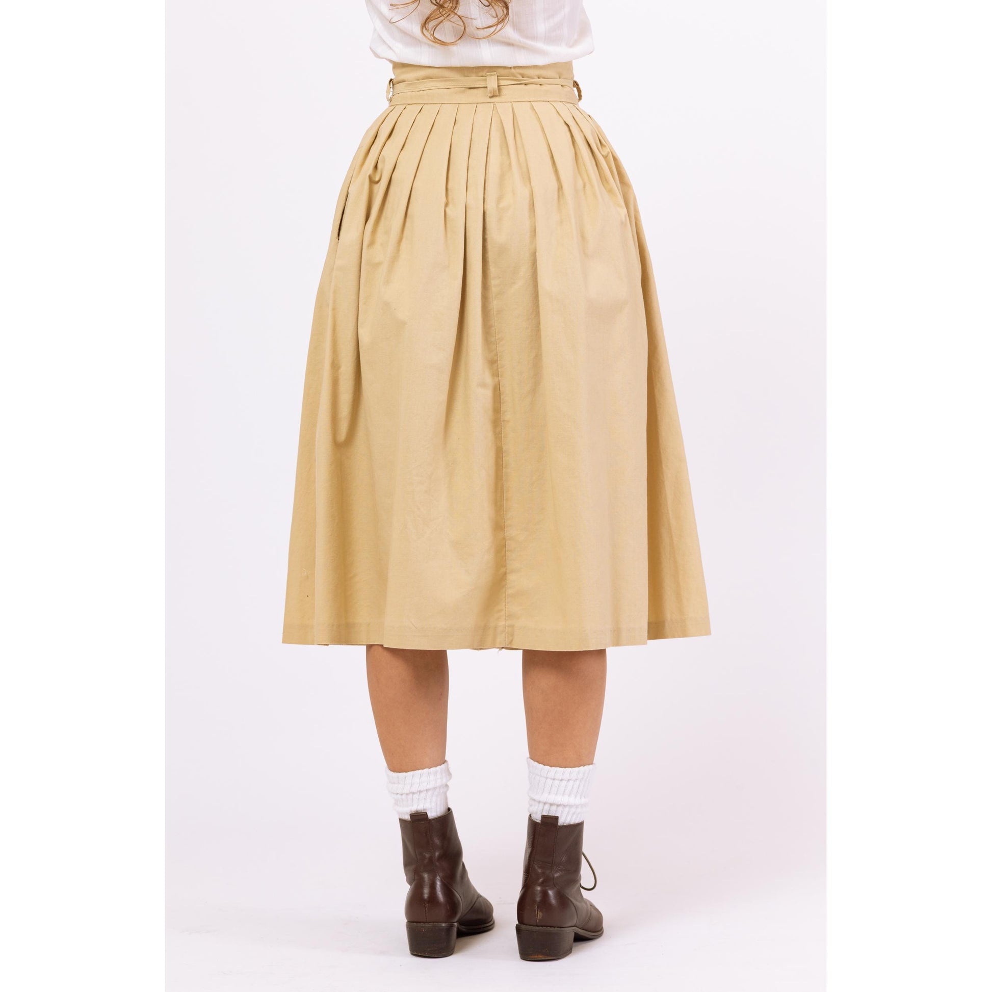 Vintage 70s Boho Tan Yoked Western Midi Skirt - Extra Small, 24" Waist | 1970s A-Line Button Front High Waist Skirt with Side Pockets