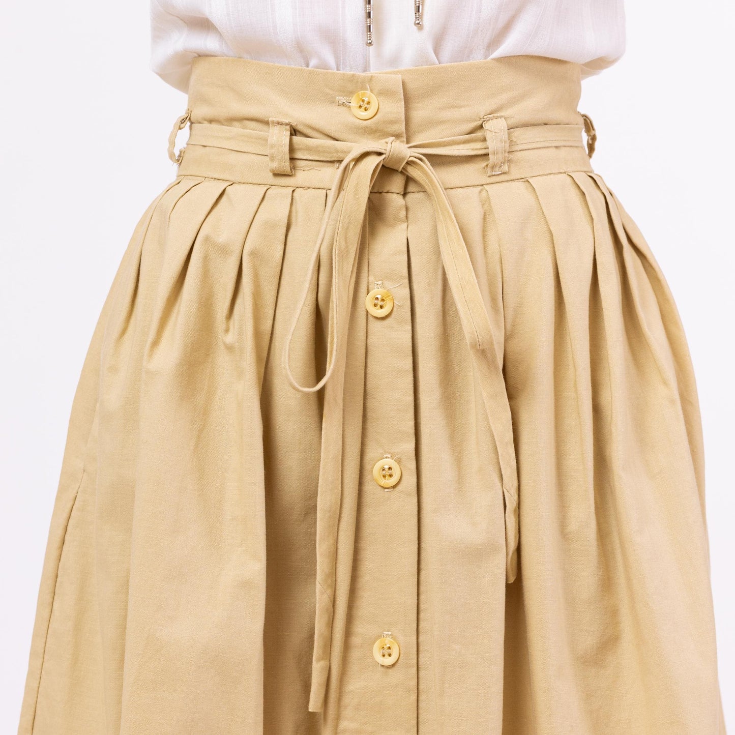 Vintage 70s Boho Tan Yoked Western Midi Skirt - Extra Small, 24" Waist | 1970s A-Line Button Front High Waist Skirt with Side Pockets