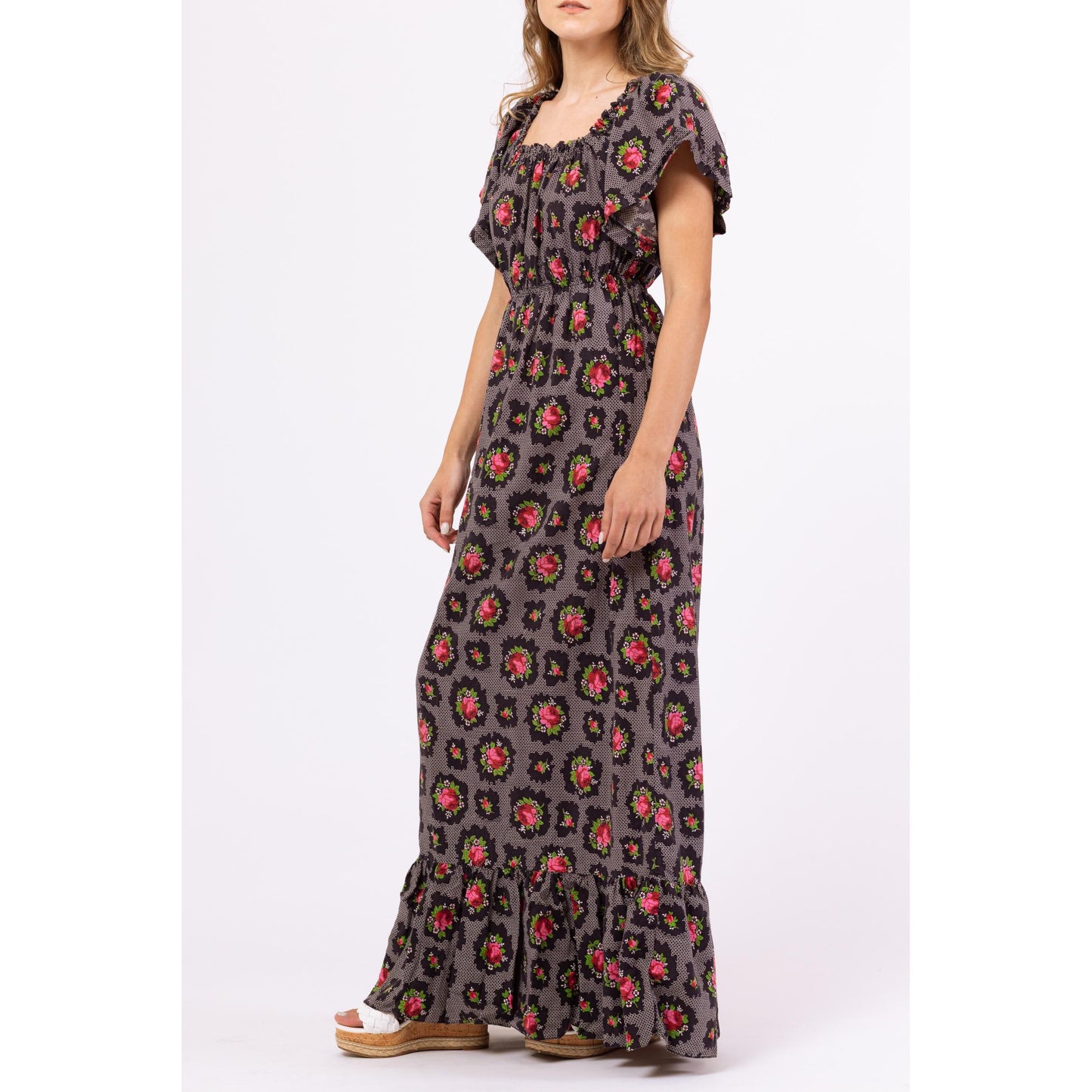 Vintage 70s Dark Floral Boho Maxi Peasant Dress - Extra Small | Black & Pink Rose Print Cottagecore Flutter Sleeve Western Prairie Dress